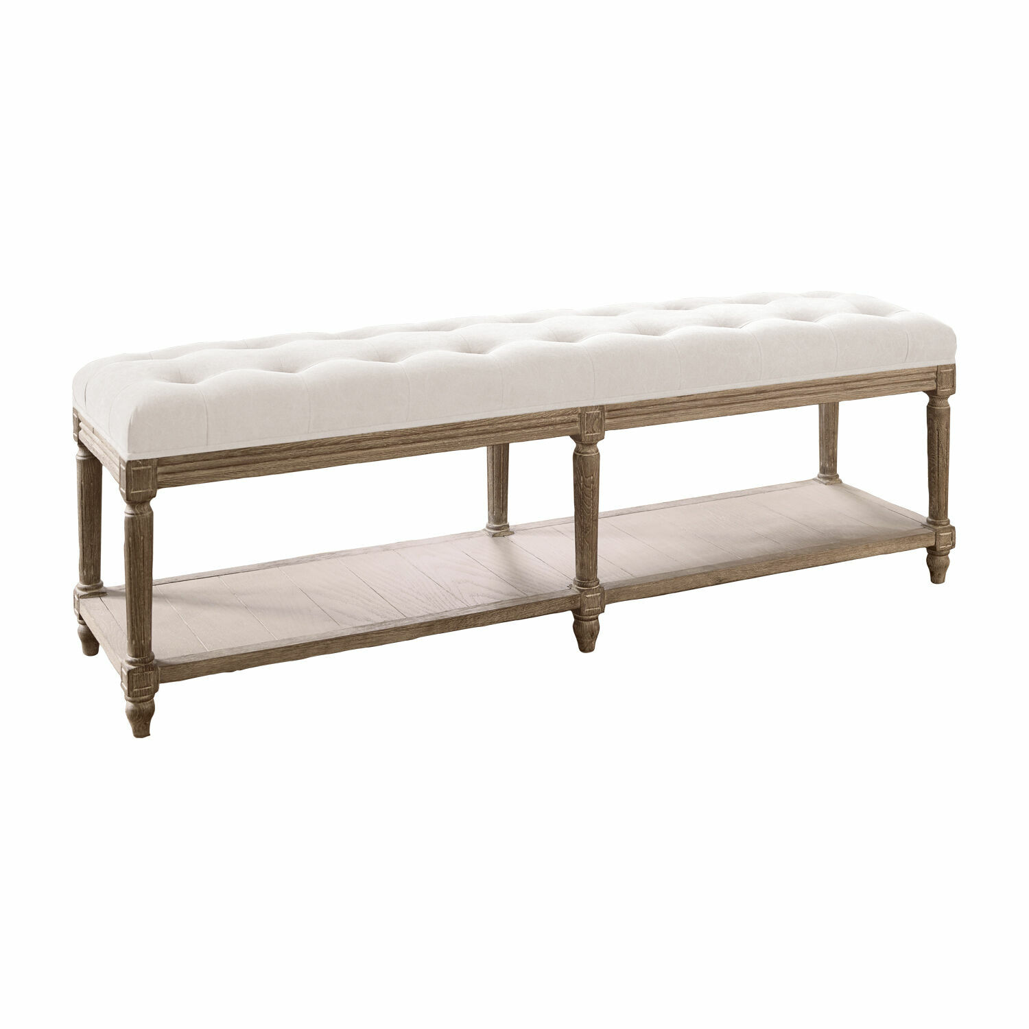 crème/antiekbruin Bank Surcelles met crèmekleurige gestoffeerde zitting en antiekbruine houten frame, vintage stijl