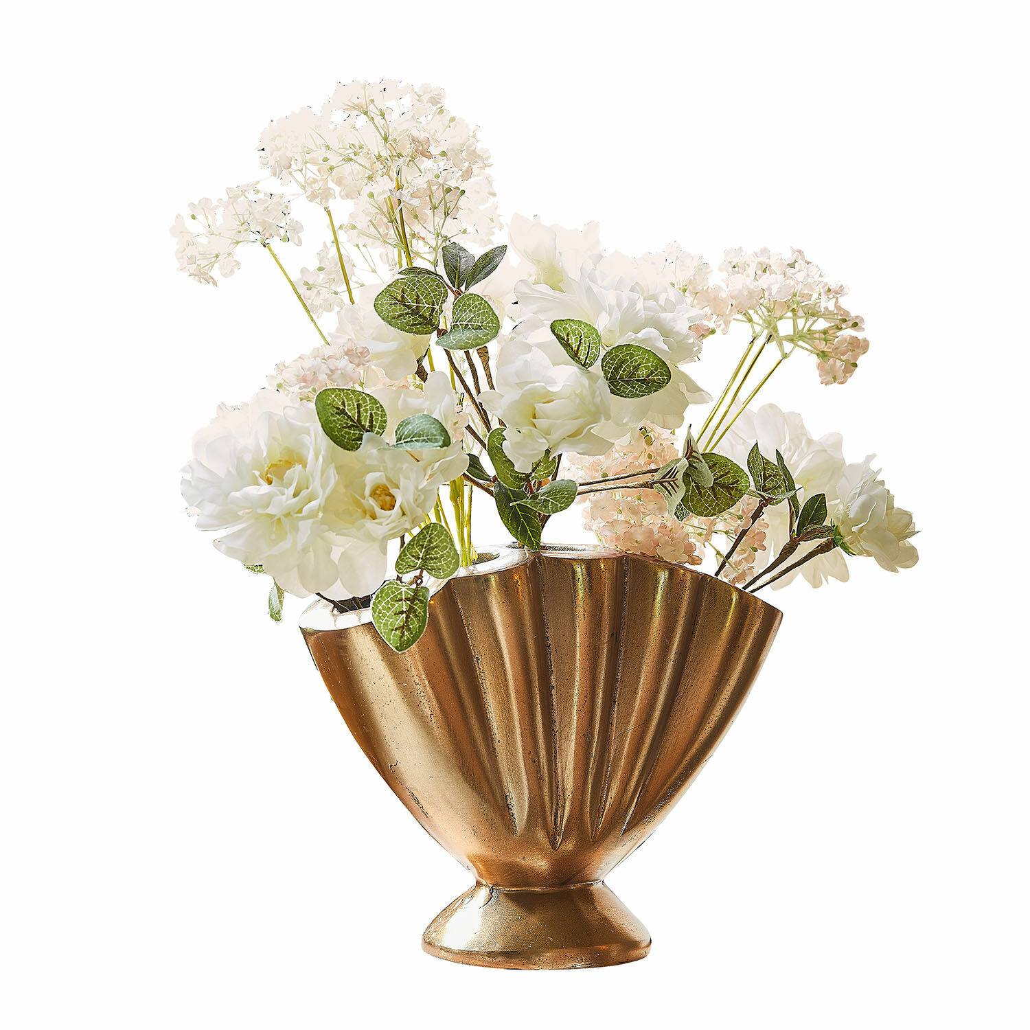 Vaas Chavelot Gouden metalen vaas in waaiervorm met witte decoratieve bloemen voor interieur