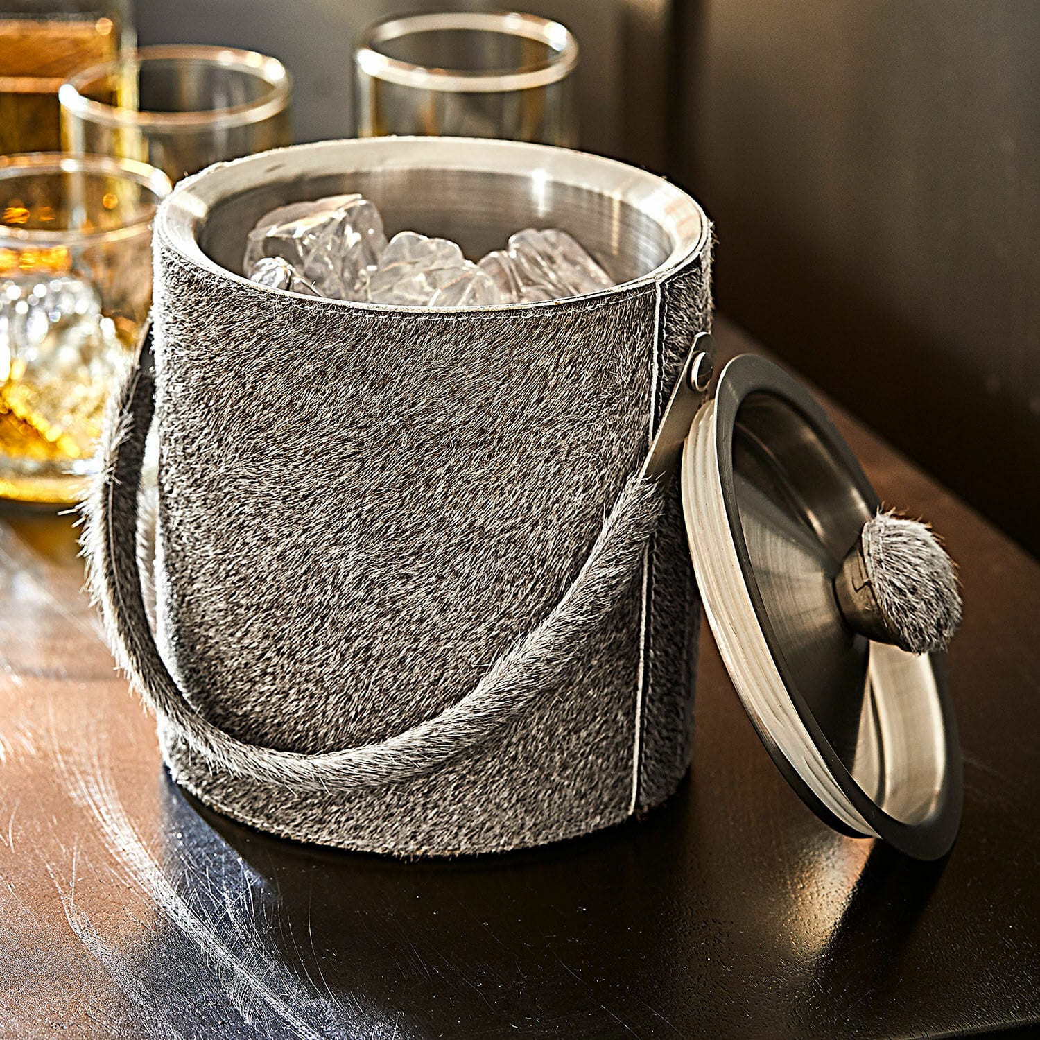 Seau à glaçons Gavrelle Seau à glace en acier inoxydable recouvert de tissu gris poilu avec couvercle et poignée, accessoires de bar