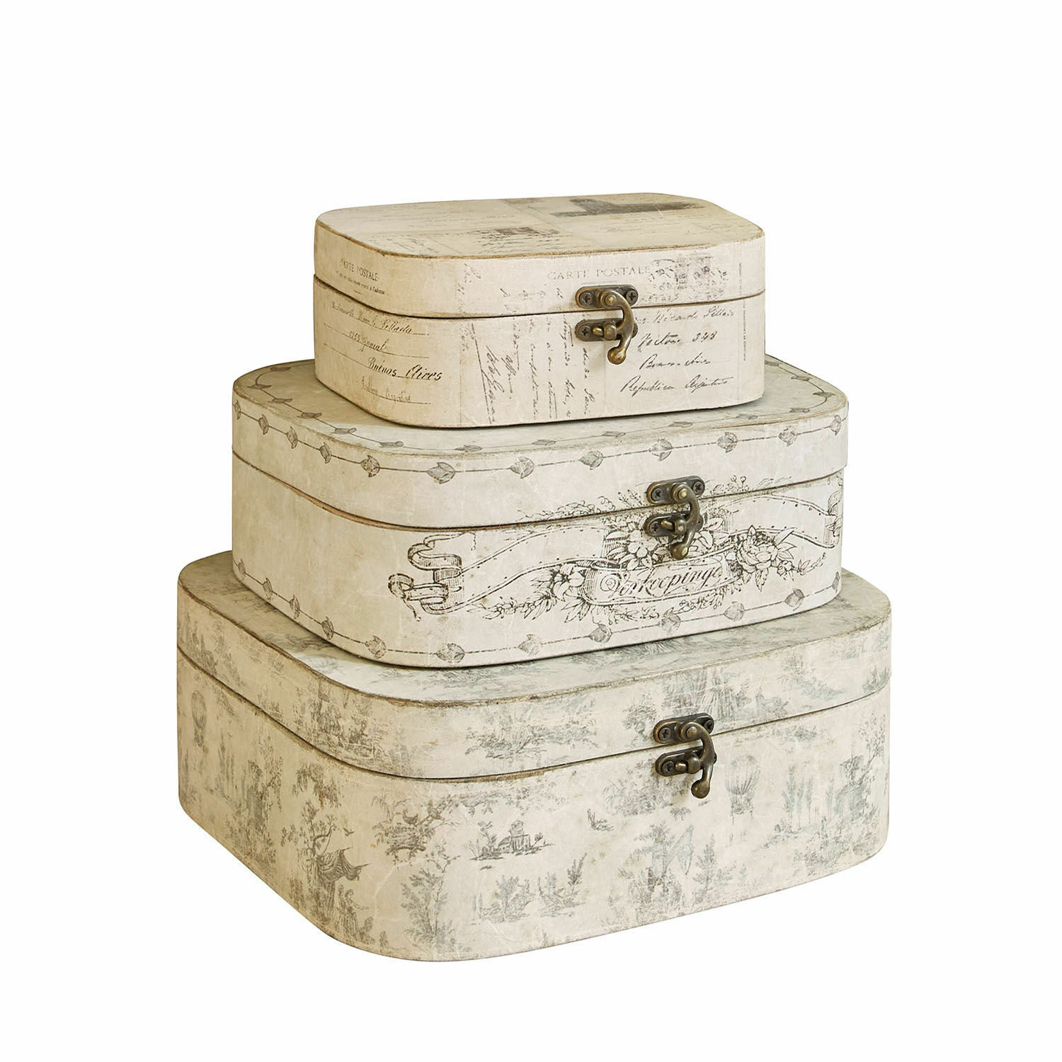 Kistje set van 3 Dedwen Set van drie crèmekleurige decoratieve dozen met metalen sluitingen en vintage patronen voor opslag