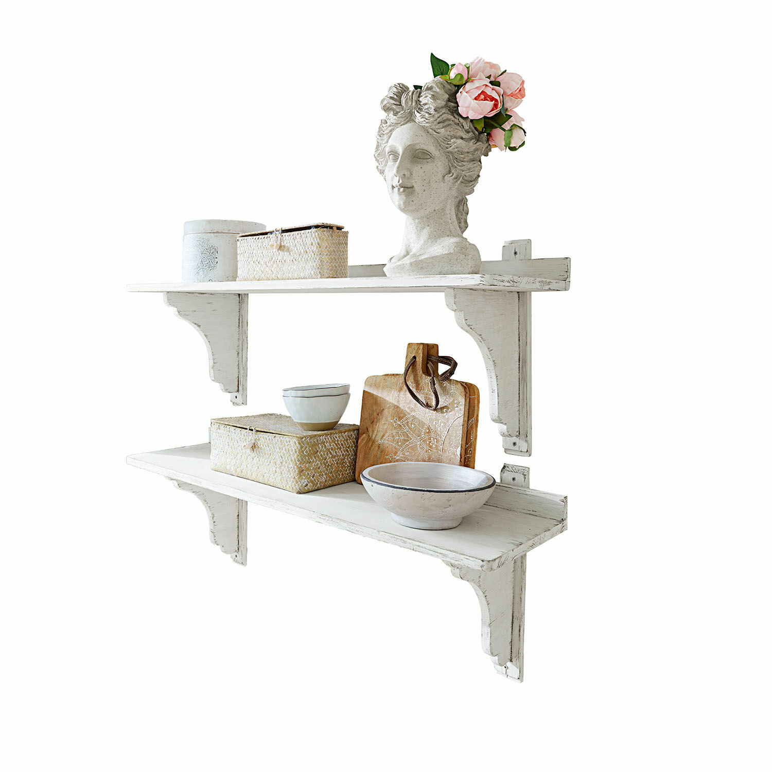 Wandplank set van 2 Yvelique Witte houten wandplanken met decoratieve voorwerpen en keramische kommen voor interieur.