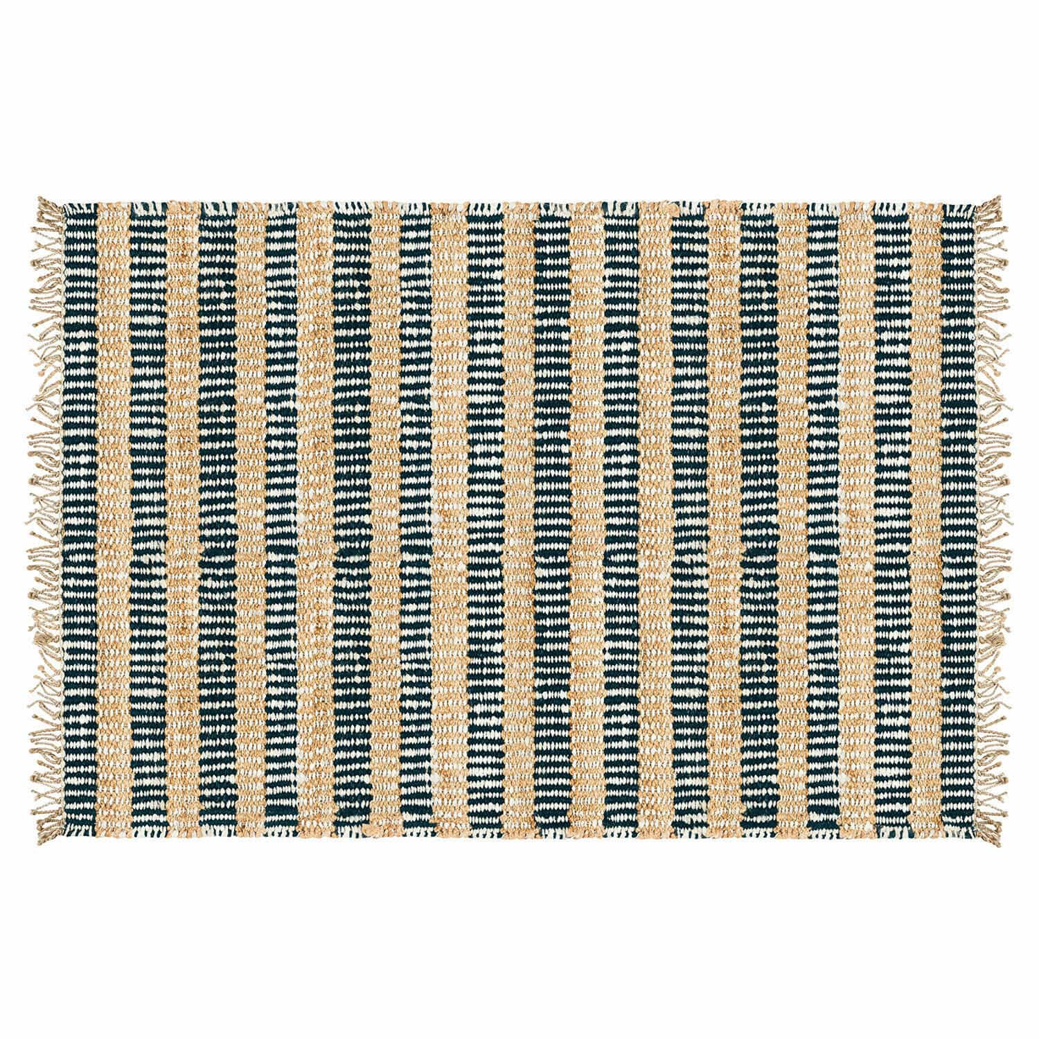Kerava vloerkleed in beige en blauw met strepen en franjes, geweven van natuurlijke materialen, woondecoratie