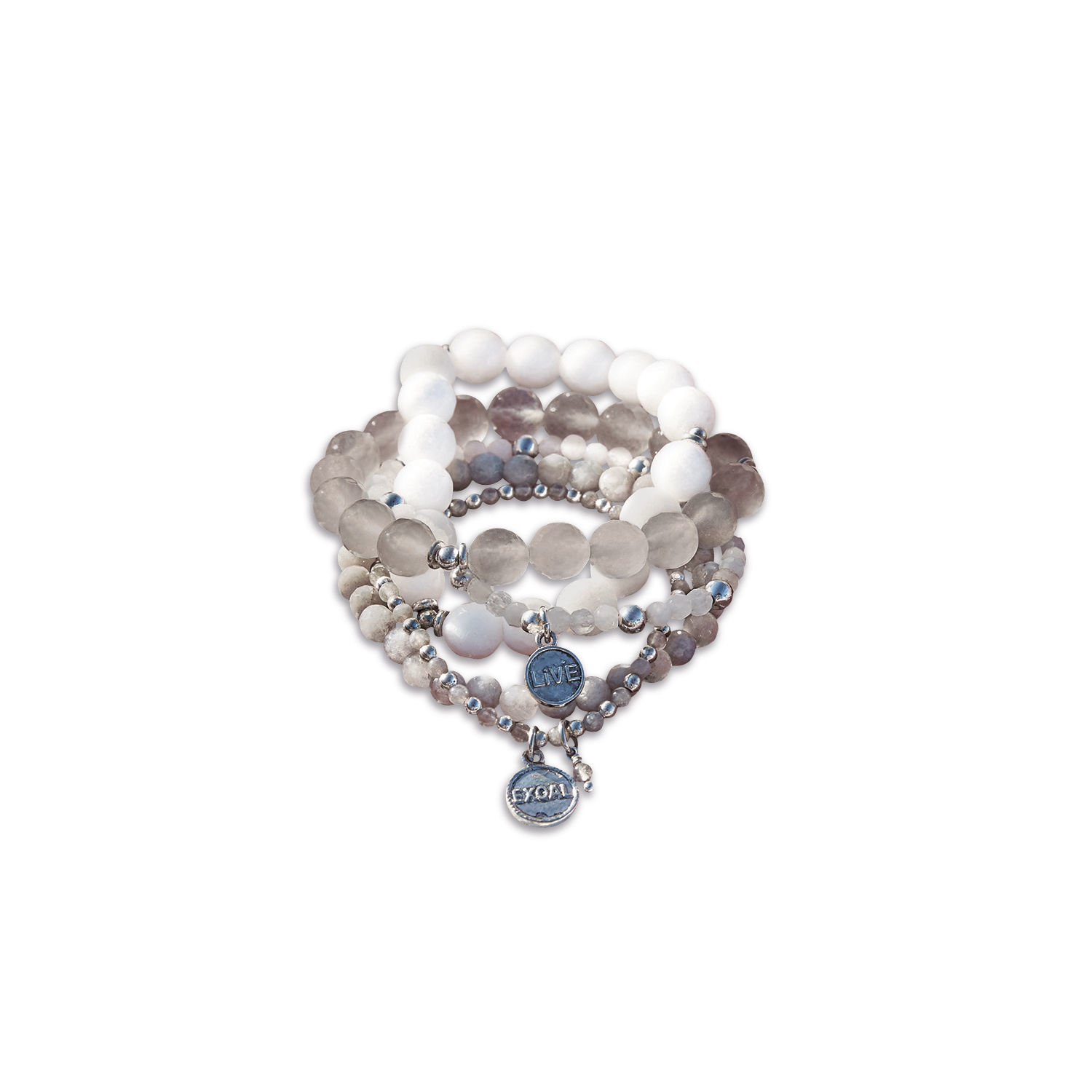 Lot de 5 bracelets Chaim Ensemble de bracelets en pierres blanches et grises avec breloques métalliques gravées