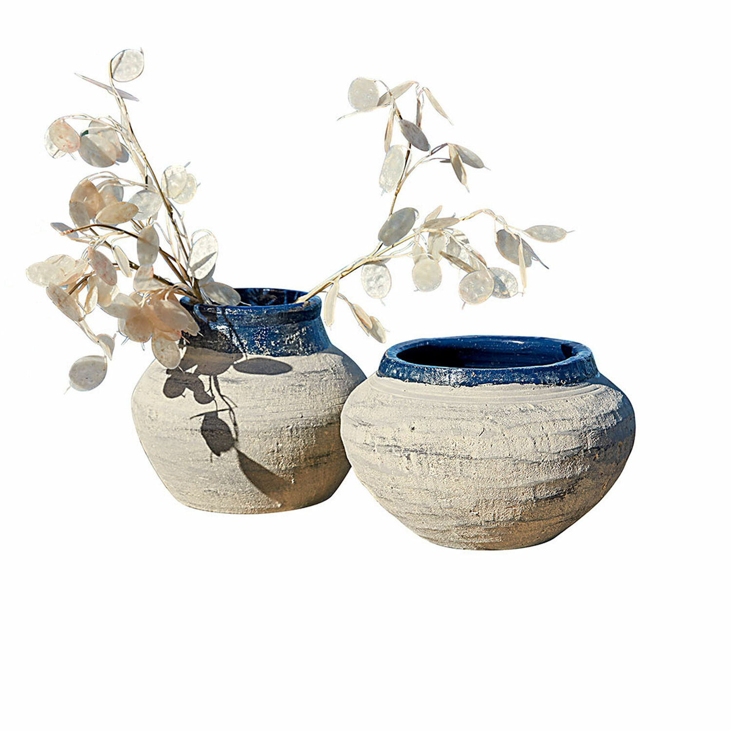 Lot de 2 vases Dolciaro Deux vases en céramique beige avec bord bleu, décorations d'intérieur élégantes