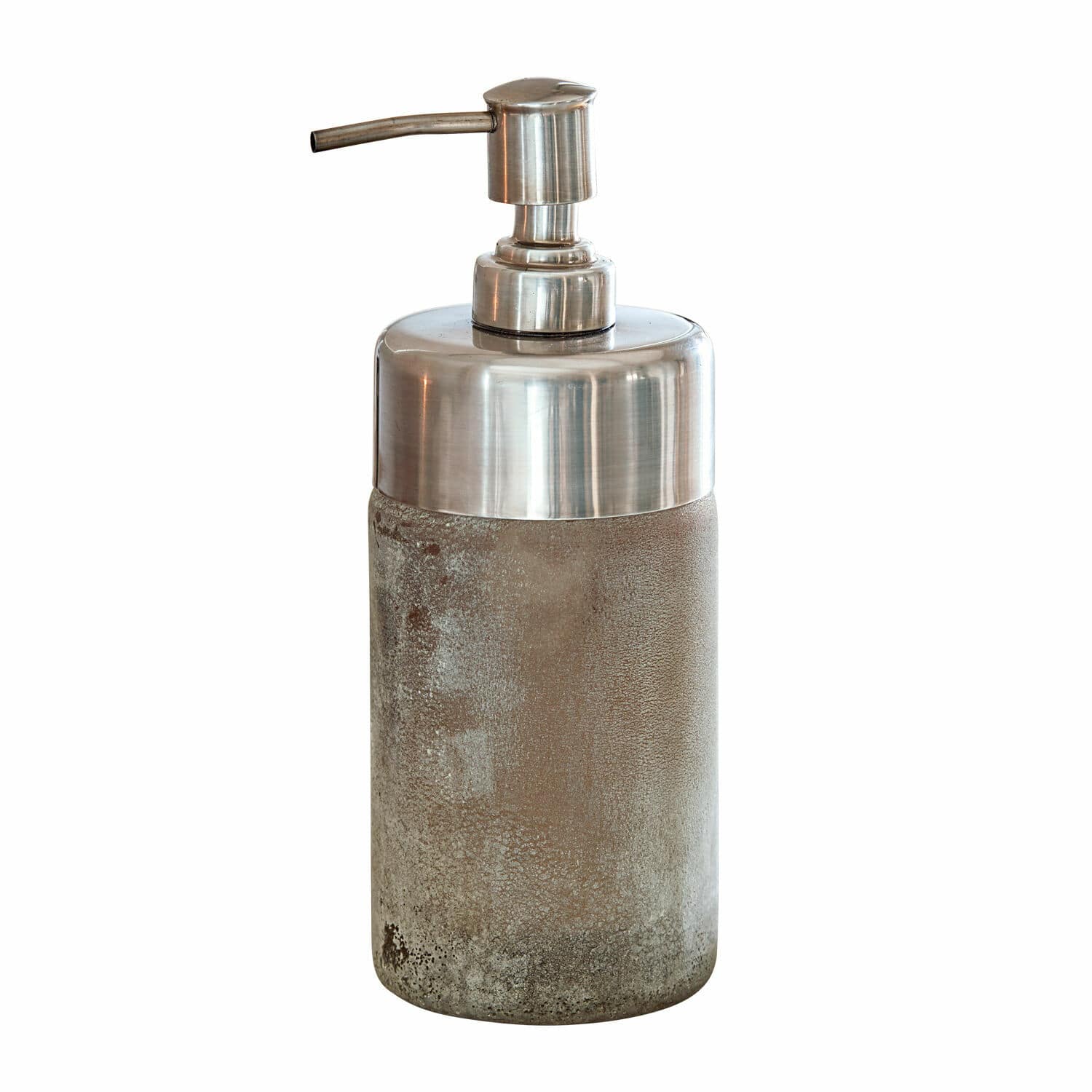 Distributeur de savon en verre mat avec pompe en métal argenté pour salle de bain