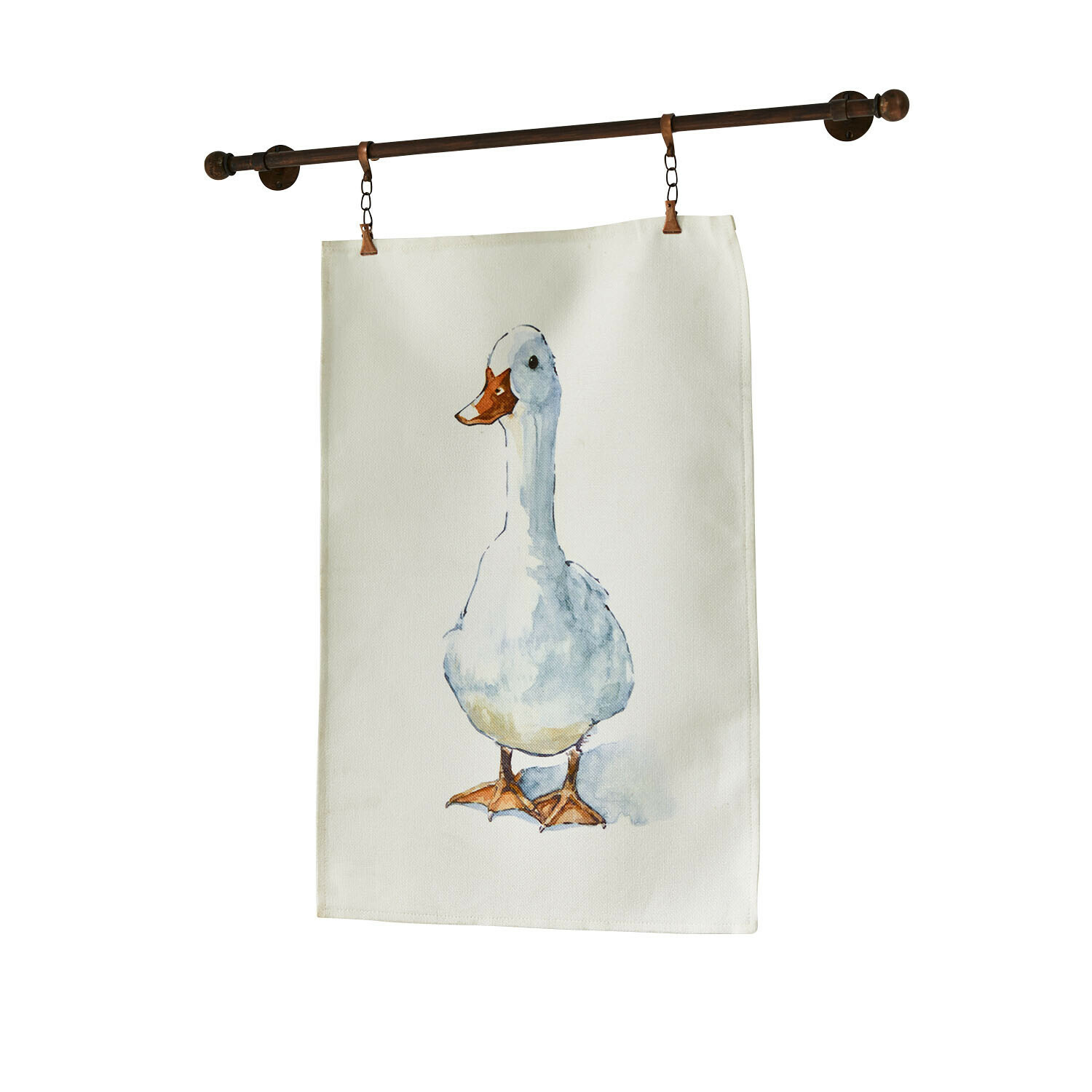 Tissu décoratif beige avec impression d'un canard blanc suspendu à une tringle en métal