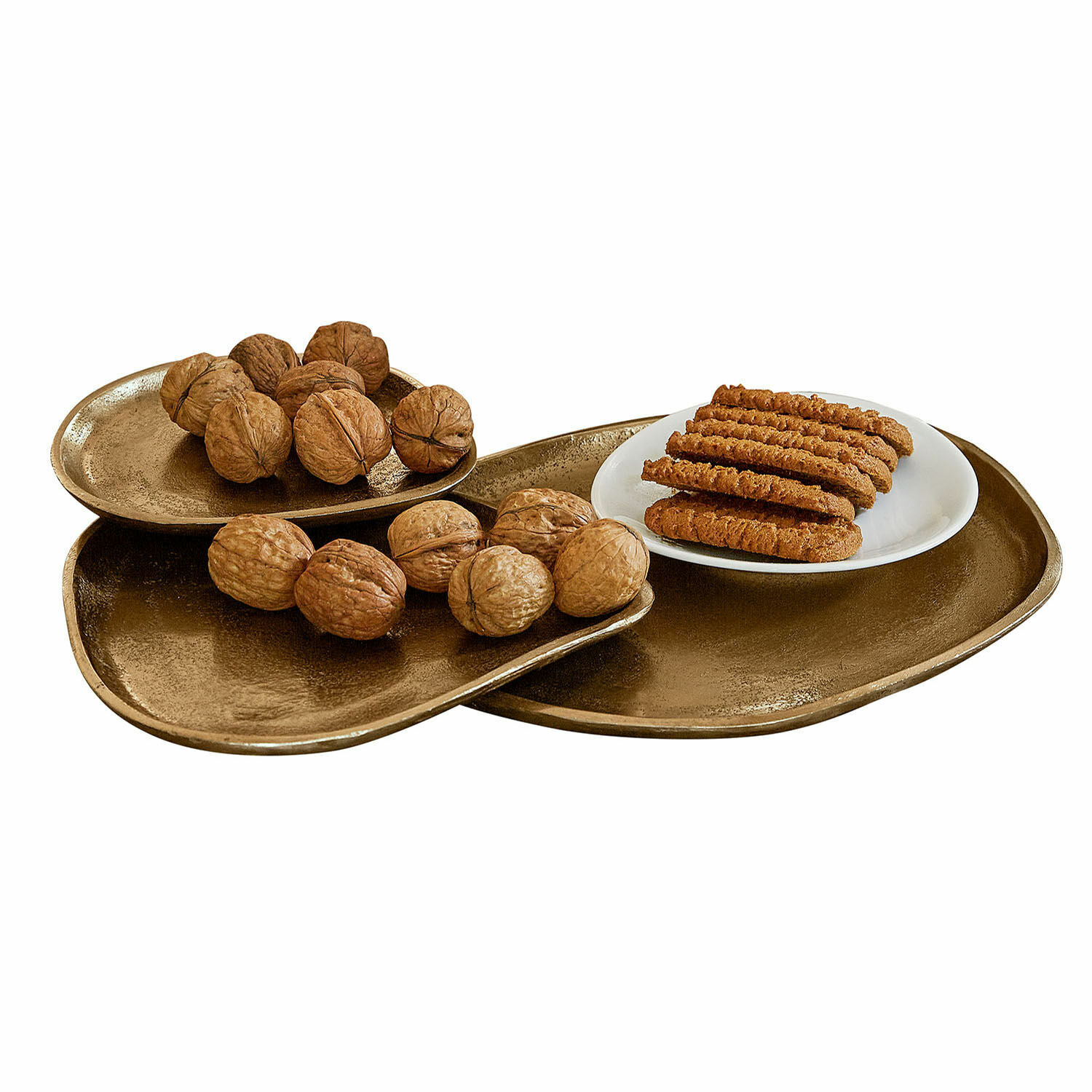 Schaal Zampillo Set van drie onregelmatig gevormde messing dienbladen met noten en koekjes