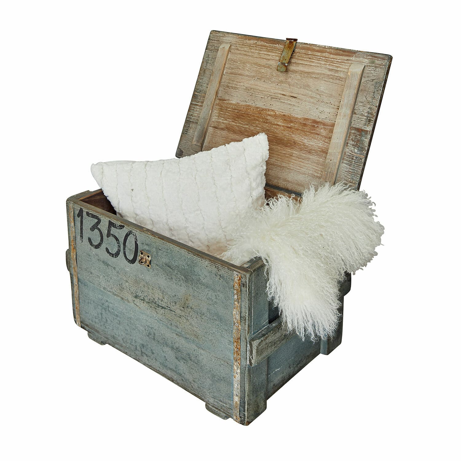 Kist Lorive Rustieke grijze houten kist met wit kussen en zachte vacht voor decoratieve opslag