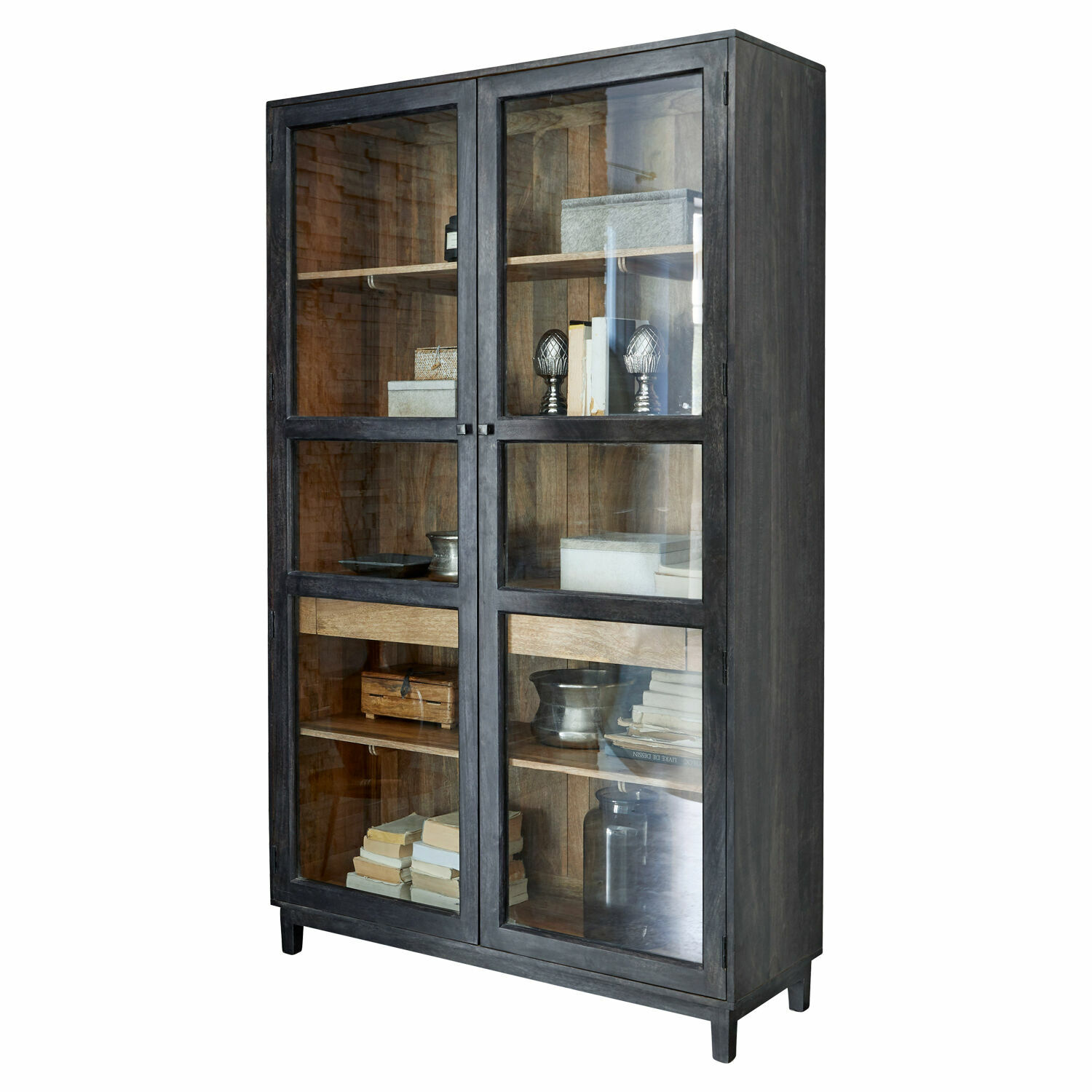 Kast Altagracia Zwarte metalen vitrinekast met glazen deuren en houten planken voor boeken en decoratie