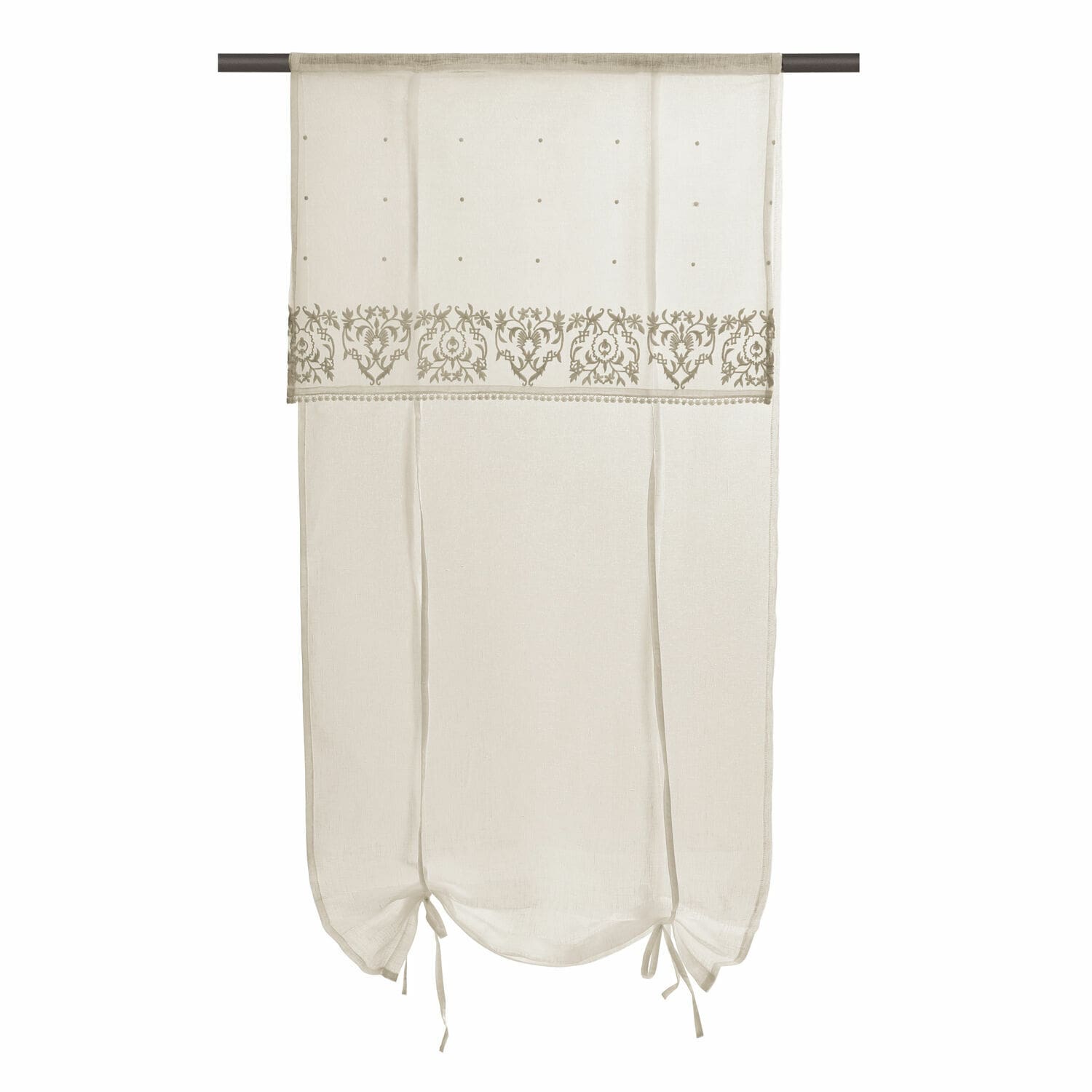 Vitrage Darice Beige vitrage met fijne borduursels en strikjes, lichte stof voor raamdecoratie