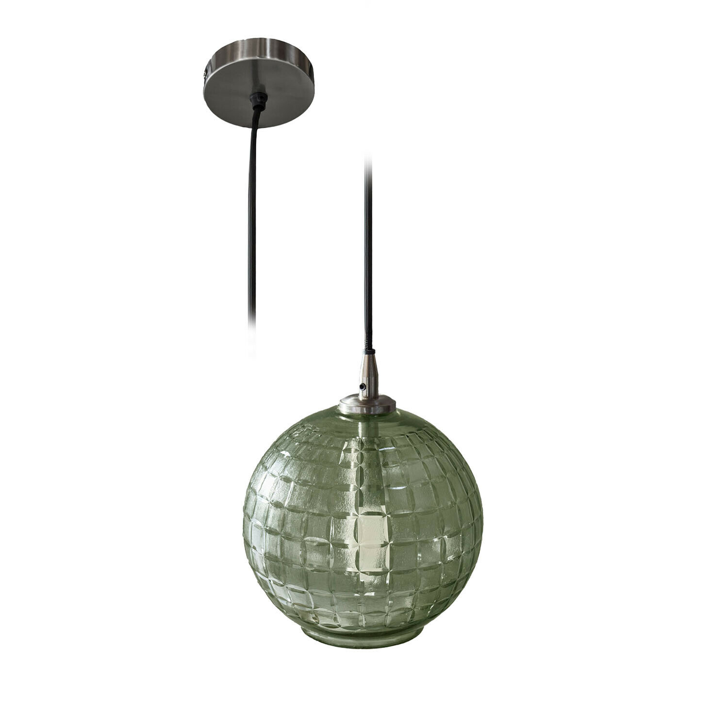Suspension Lunémis Suspension en verre vert avec support métallique et câble noir, éclairage moderne pour intérieur