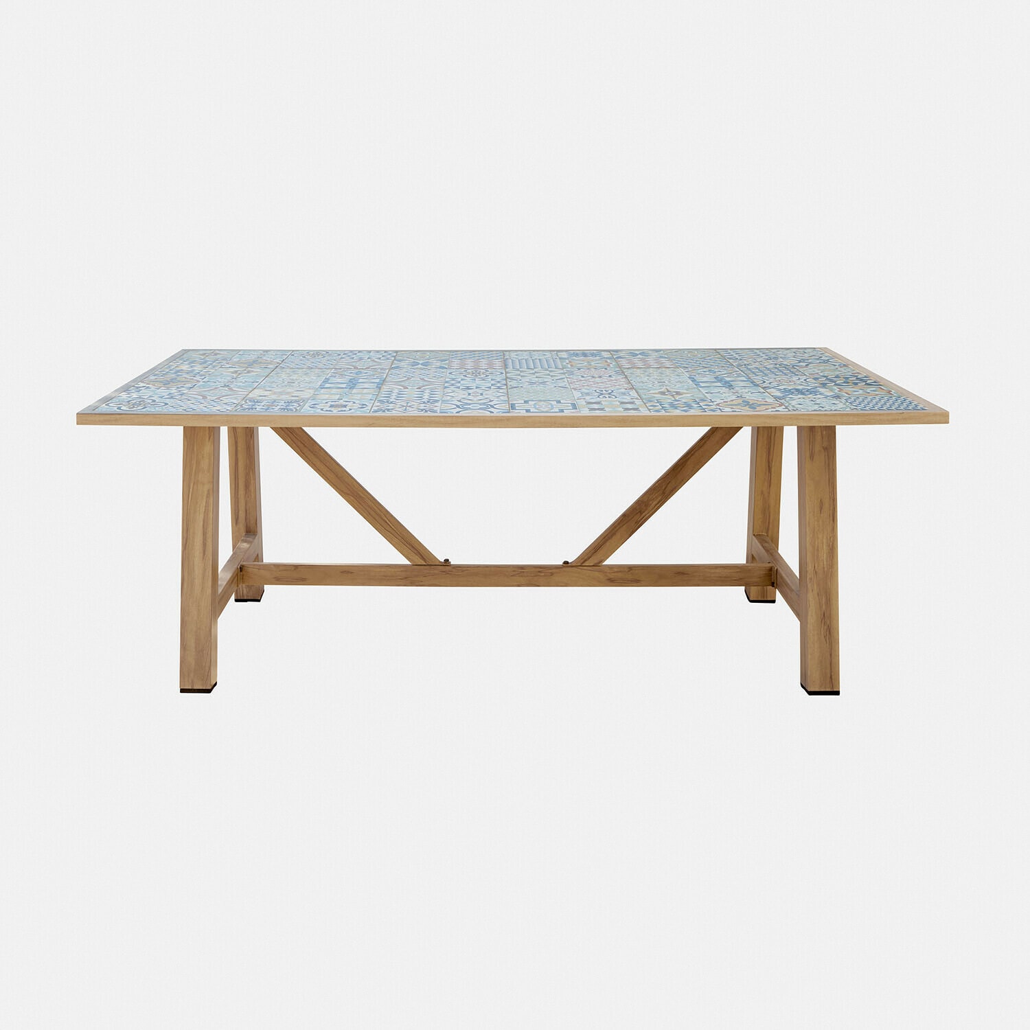 Table avec base en bois et plateau en carreaux céramiques bleu et blanc, meuble de salle à manger