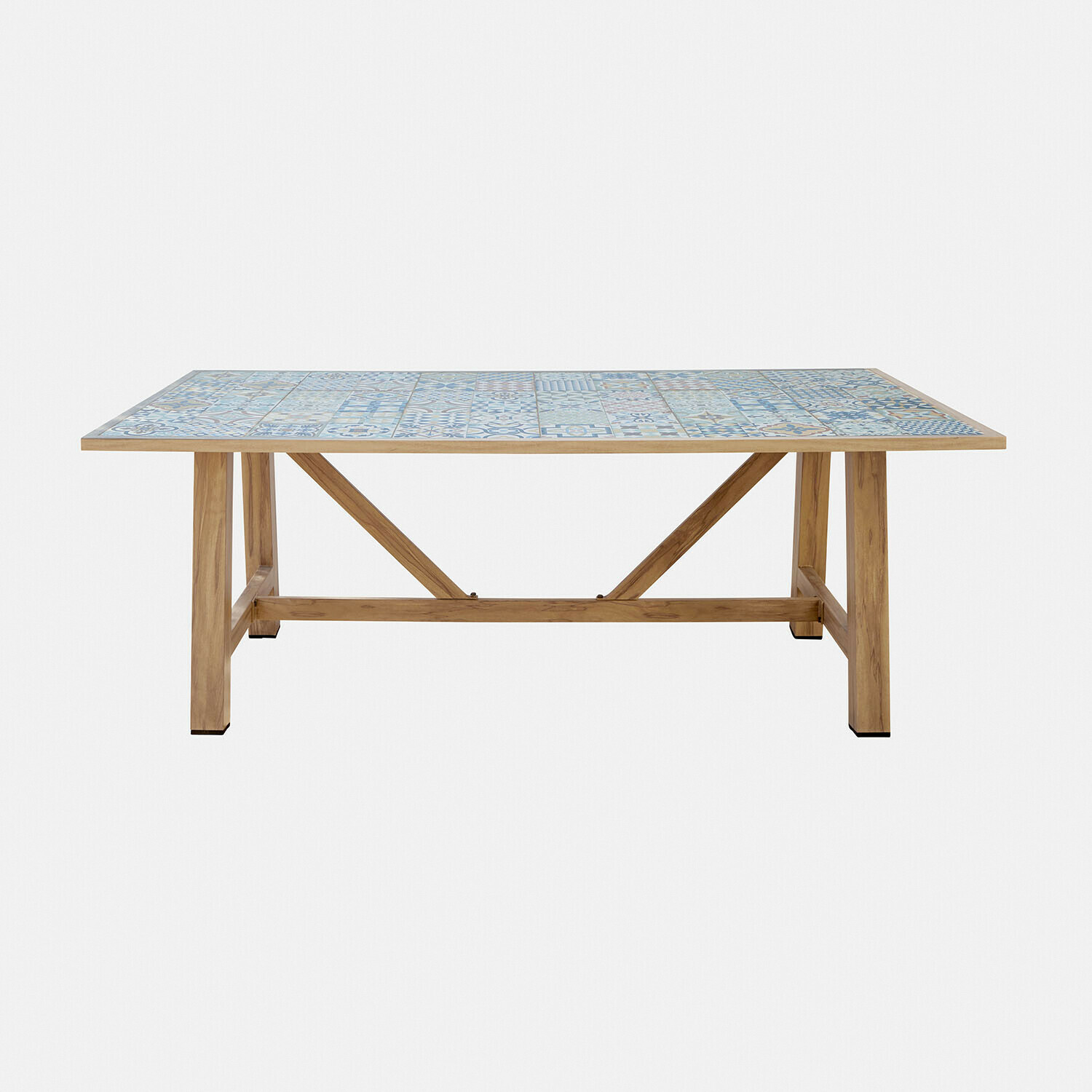 Eettafel Galdorena Tafel met houten onderstel en blauw-wit keramisch tegelblad, eetkamermeubel
