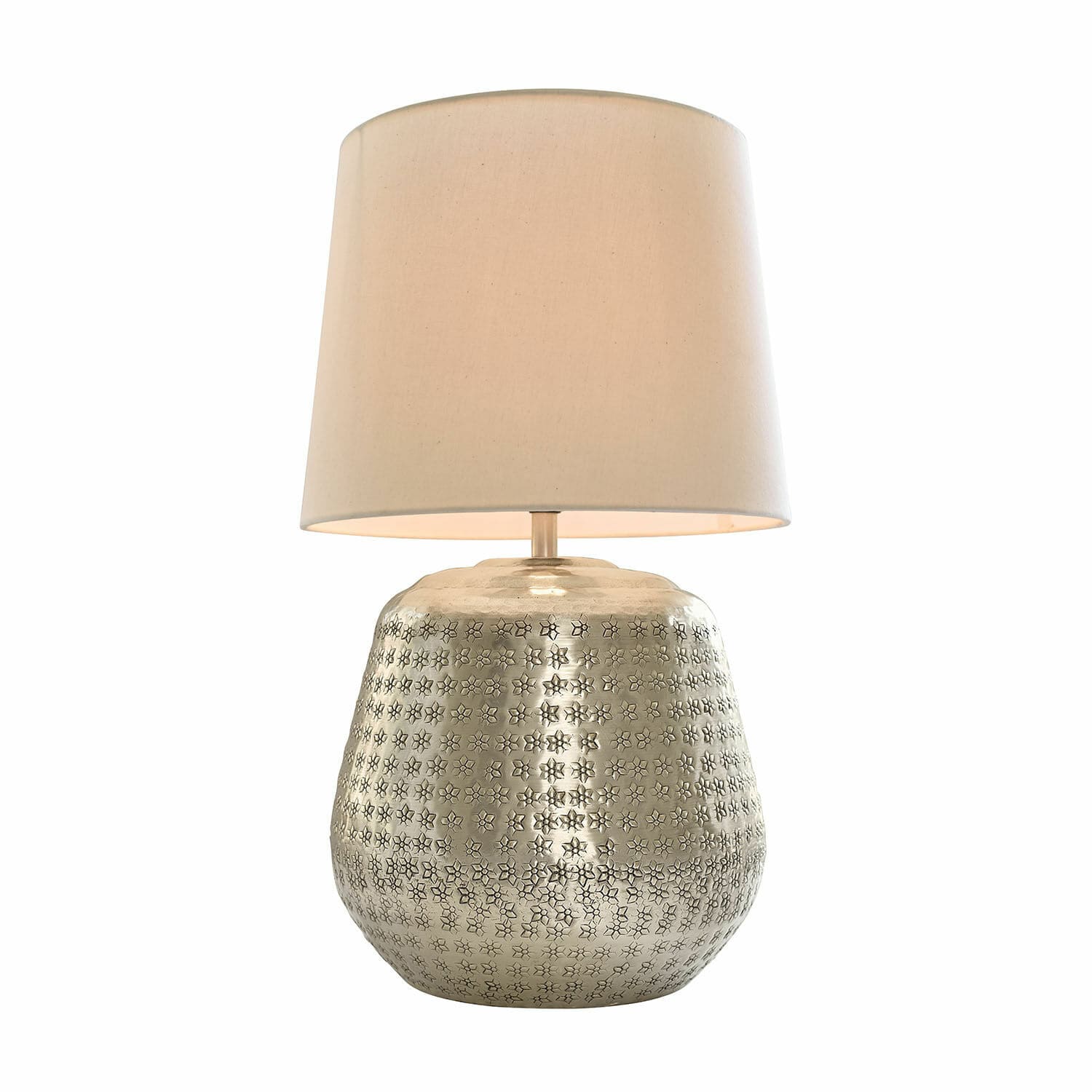 Tafellamp Blancos Tafellamp met zilverkleurige metalen voet met patroon en beige kap, sfeerverlichting voor interieur