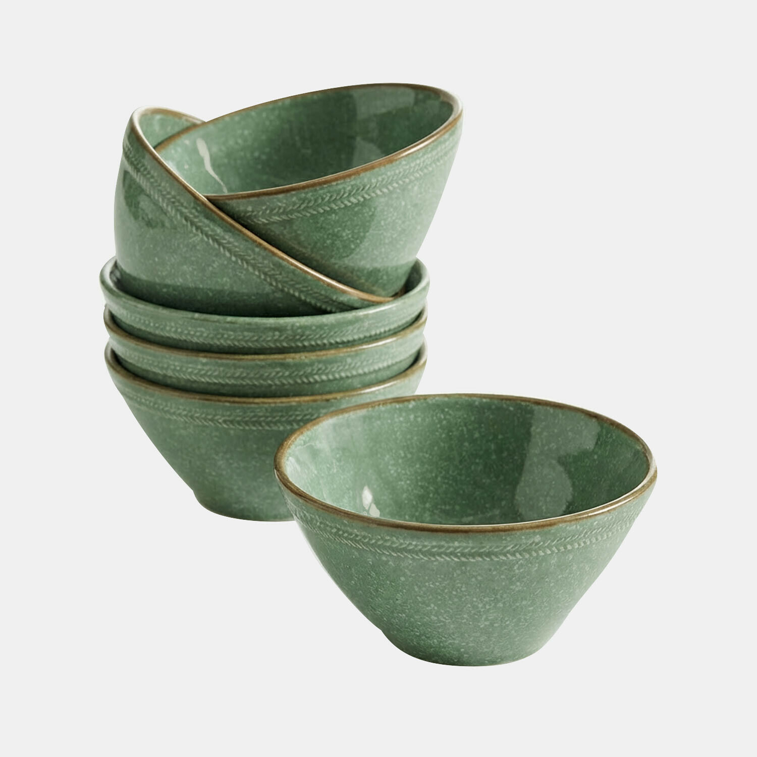 Set van 6 groene keramische Norrvik kommen met fijn patroon en bruine rand om te serveren