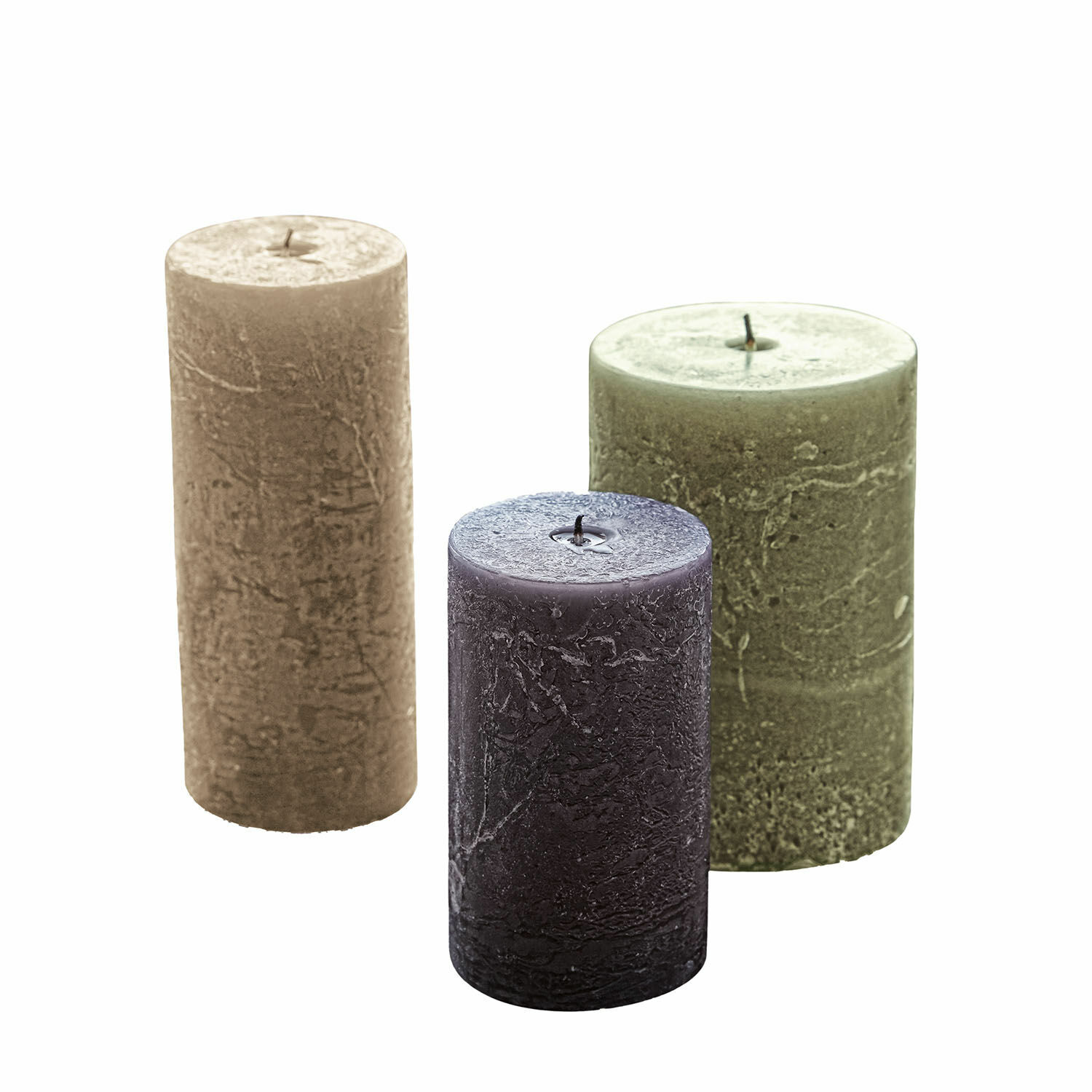 lichtgroen/donkergrijs Set van 3 Pretin kaarsen in lichtgroen, donkergrijs en beige, decoratieve waskaarsen