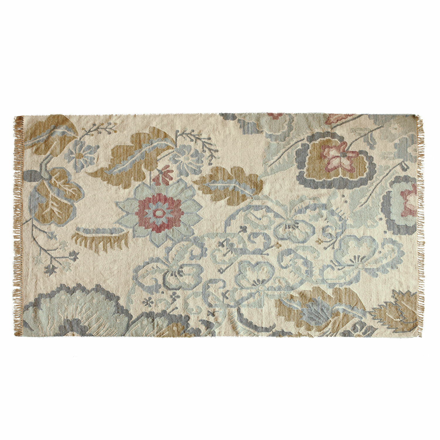 Vloerkleed Sussex Katoenen crème vloerkleed met bloemmotief in blauw- en bruintinten, stijlvolle woondecoratie
