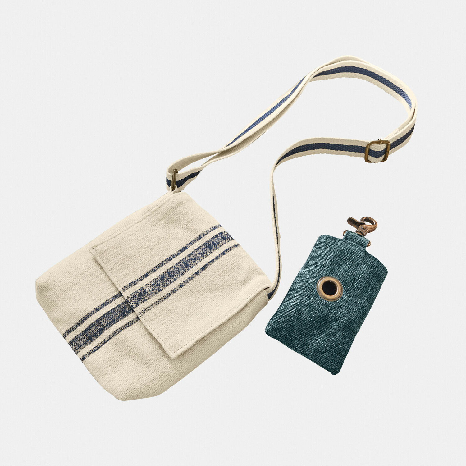 Lot de 2 pochettes Pawera Sac en coton beige avec bandes bleues et étui vert pour clés avec mousqueton en métal