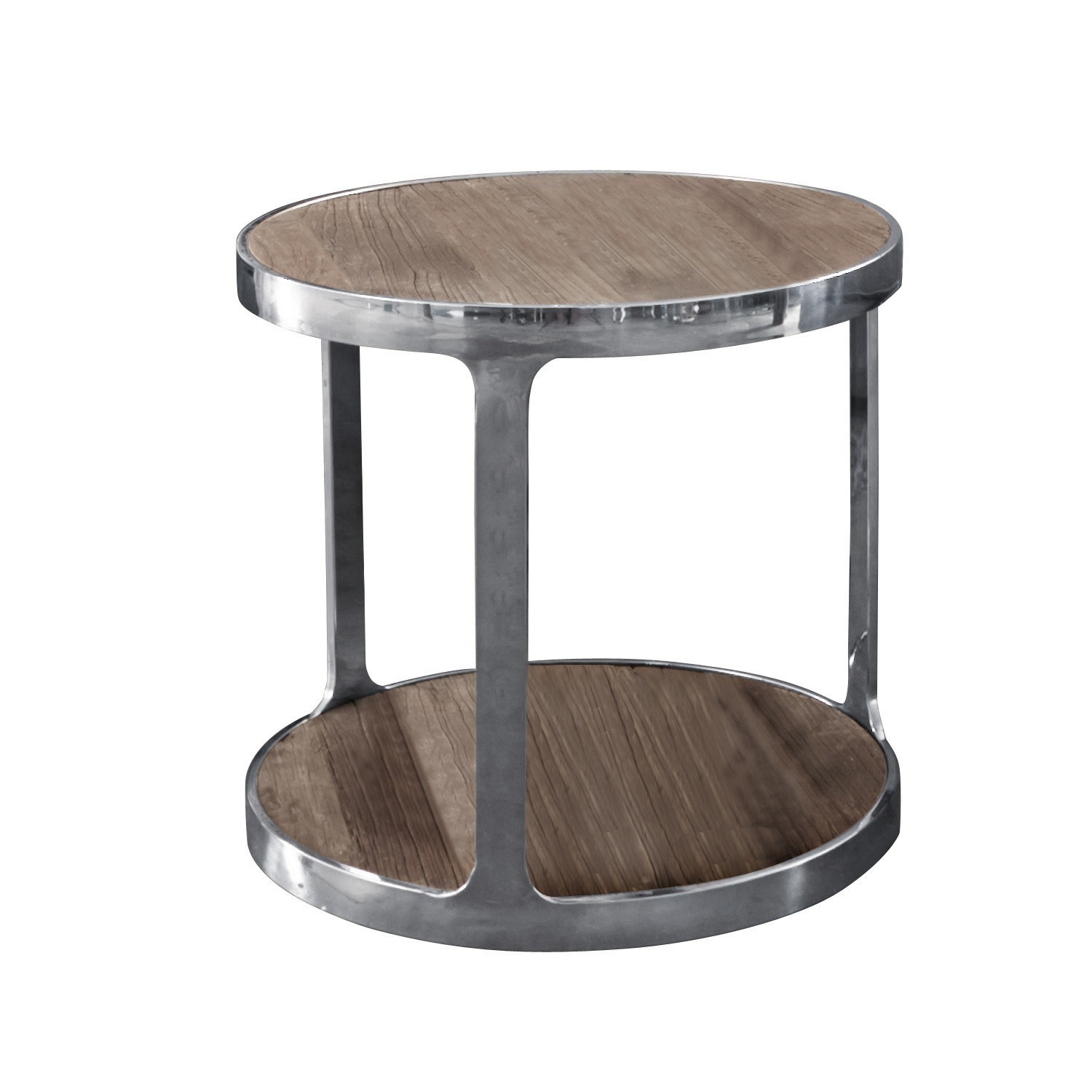 Table basse ronde avec cadre en métal et plateaux en bois couleur naturelle, design moderne