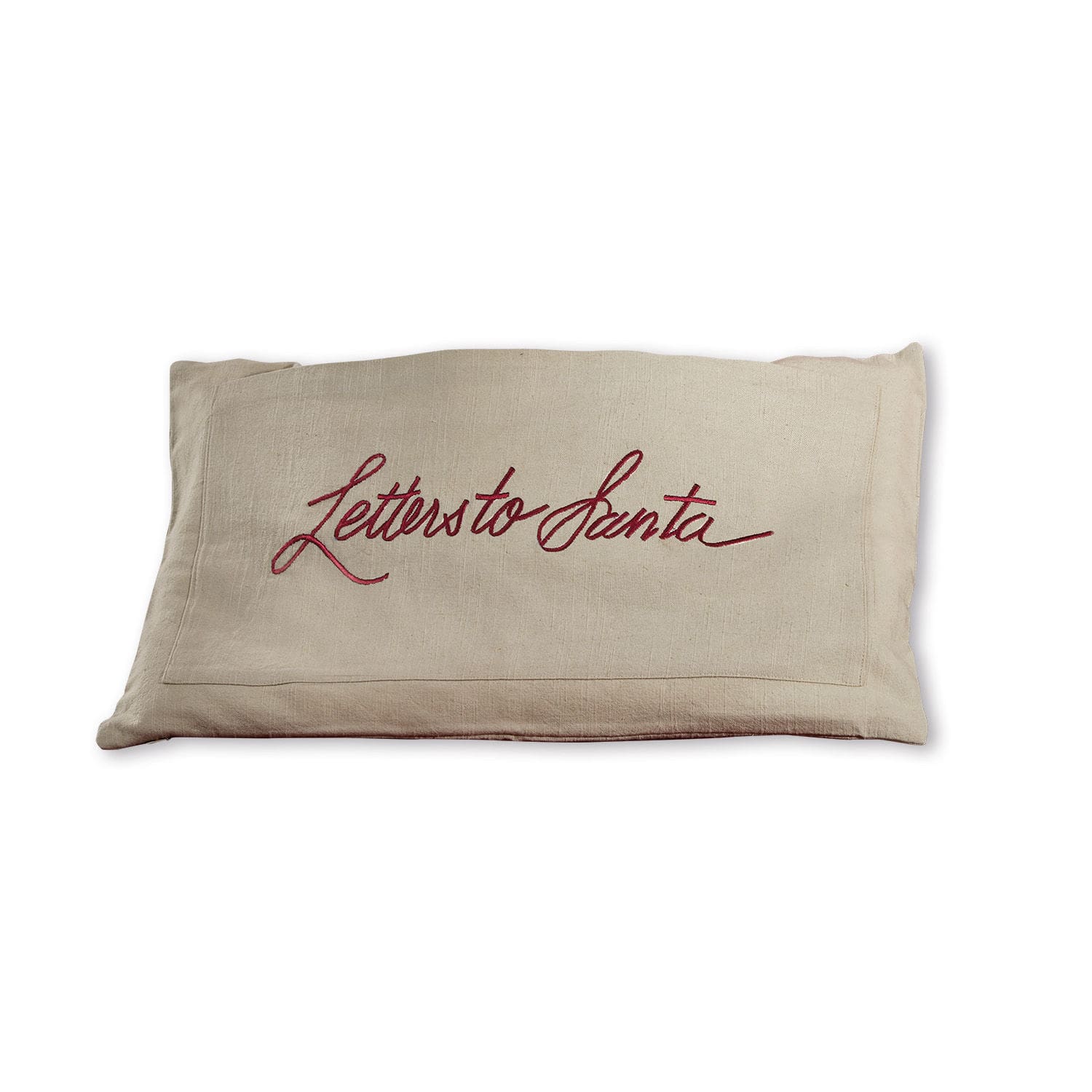 Beige katoenen kussenhoes met rode Letters to Santa borduurwerk, kerstdecoratie