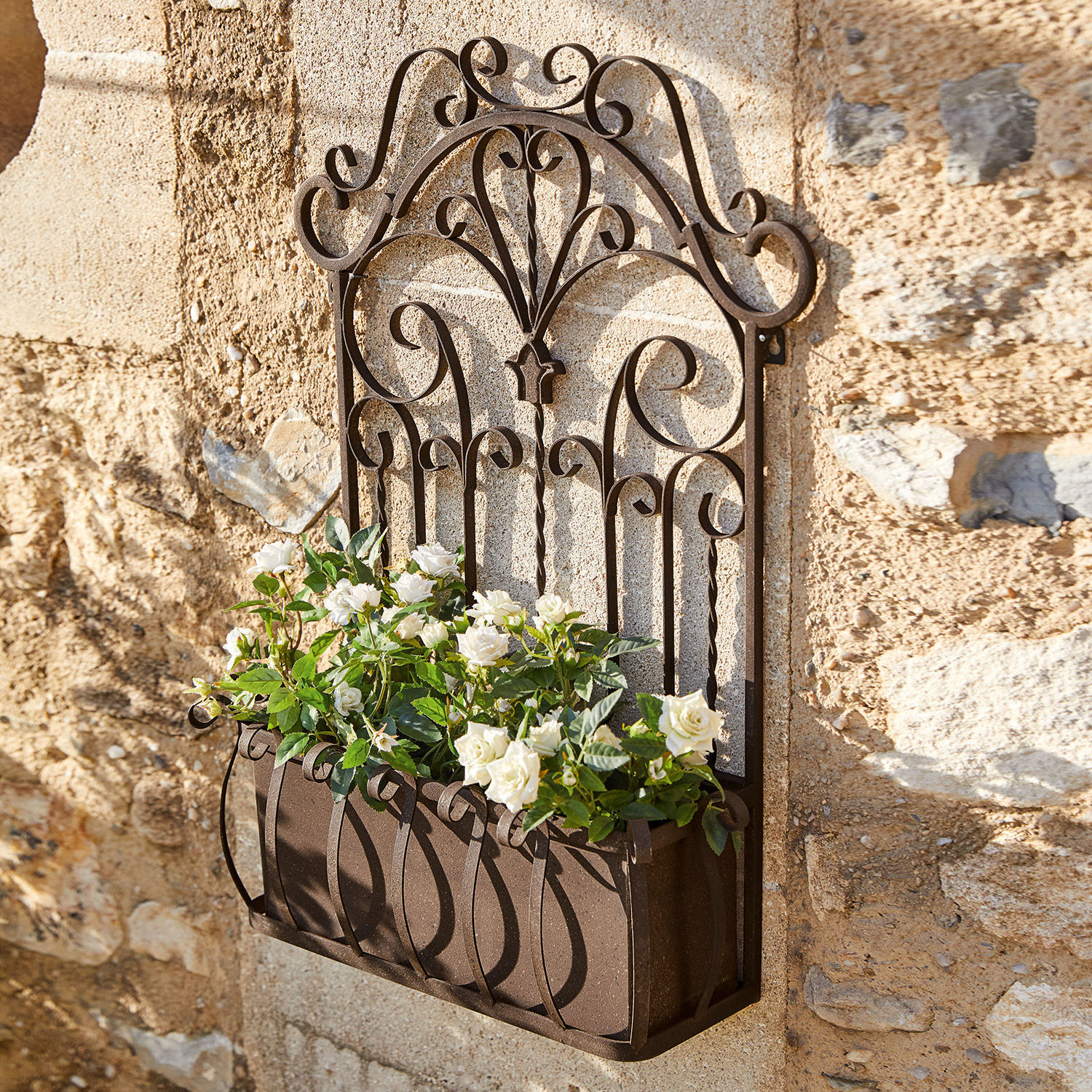 Jardinière Secourt Jardinière murale en métal brun avec motifs décoratifs et fleurs blanches pour décoration extérieure