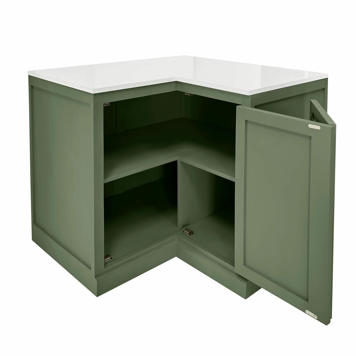 Armoire d'angle Lansbury Meuble d'angle vert en bois avec plateau blanc, espace de rangement pratique pour la maison