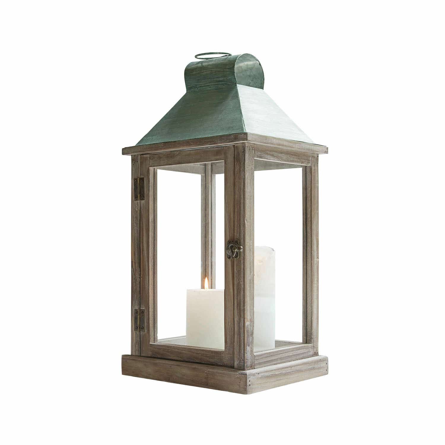 Lantaarn Corte Houten lantaarn met groen metalen dak en witte kaars, decoratie voor binnen en buiten