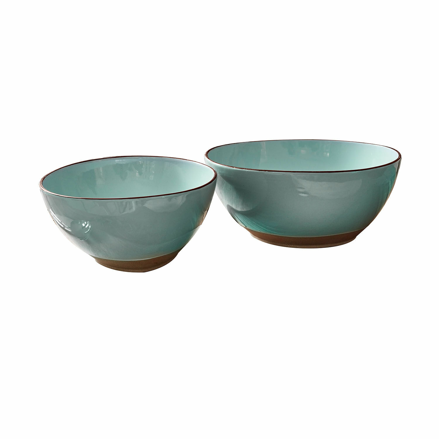 Lot de 2 saladiers Biarré Ensemble de deux bols en céramique turquoise avec base marron pour servir les repas