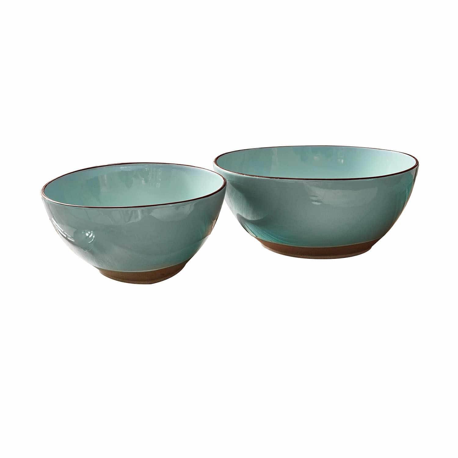 Lot de 2 saladiers Biarré Ensemble de deux bols en céramique turquoise avec base marron pour servir les repas