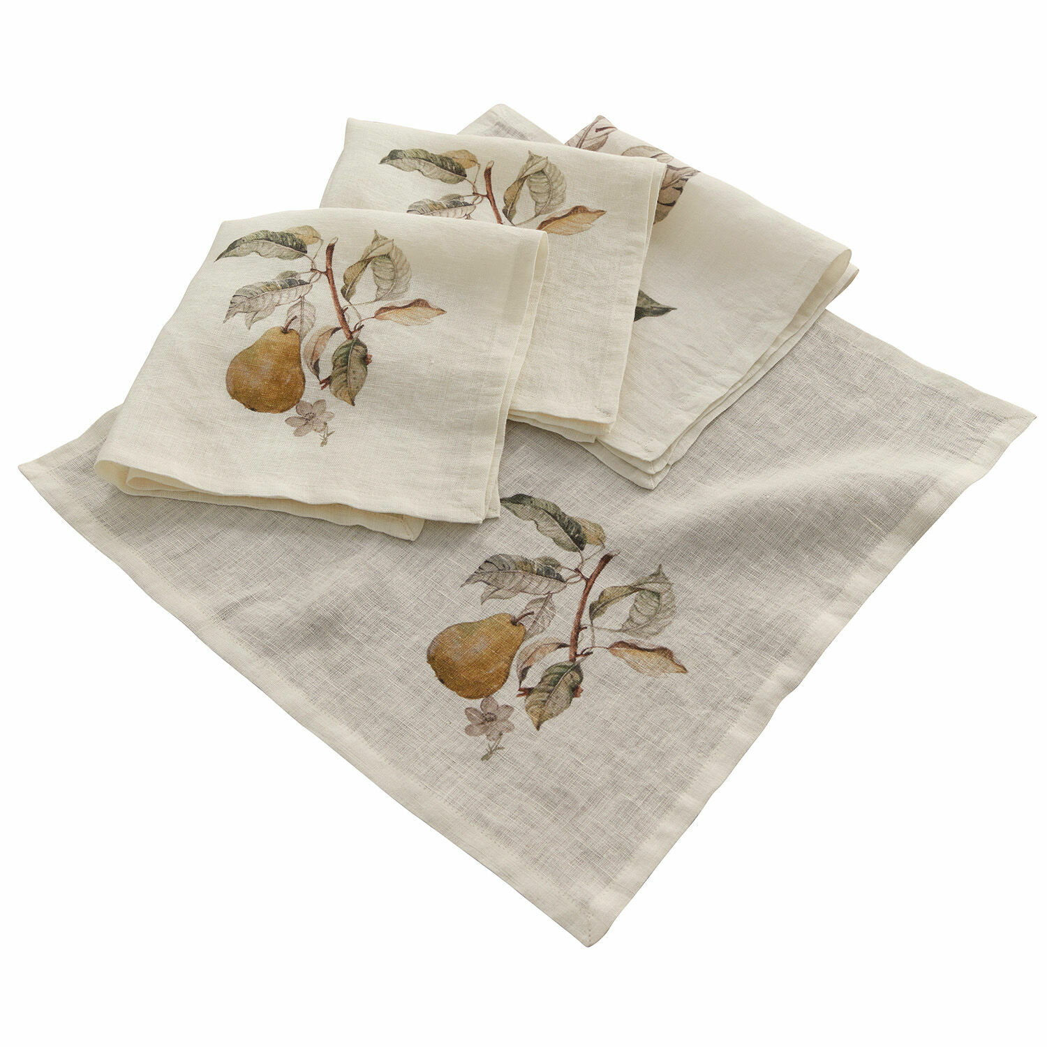 Lot de 4 serviettes de table Tupisa Serviettes en lin crème avec motif poire et feuilles, textiles décoratifs pour la table