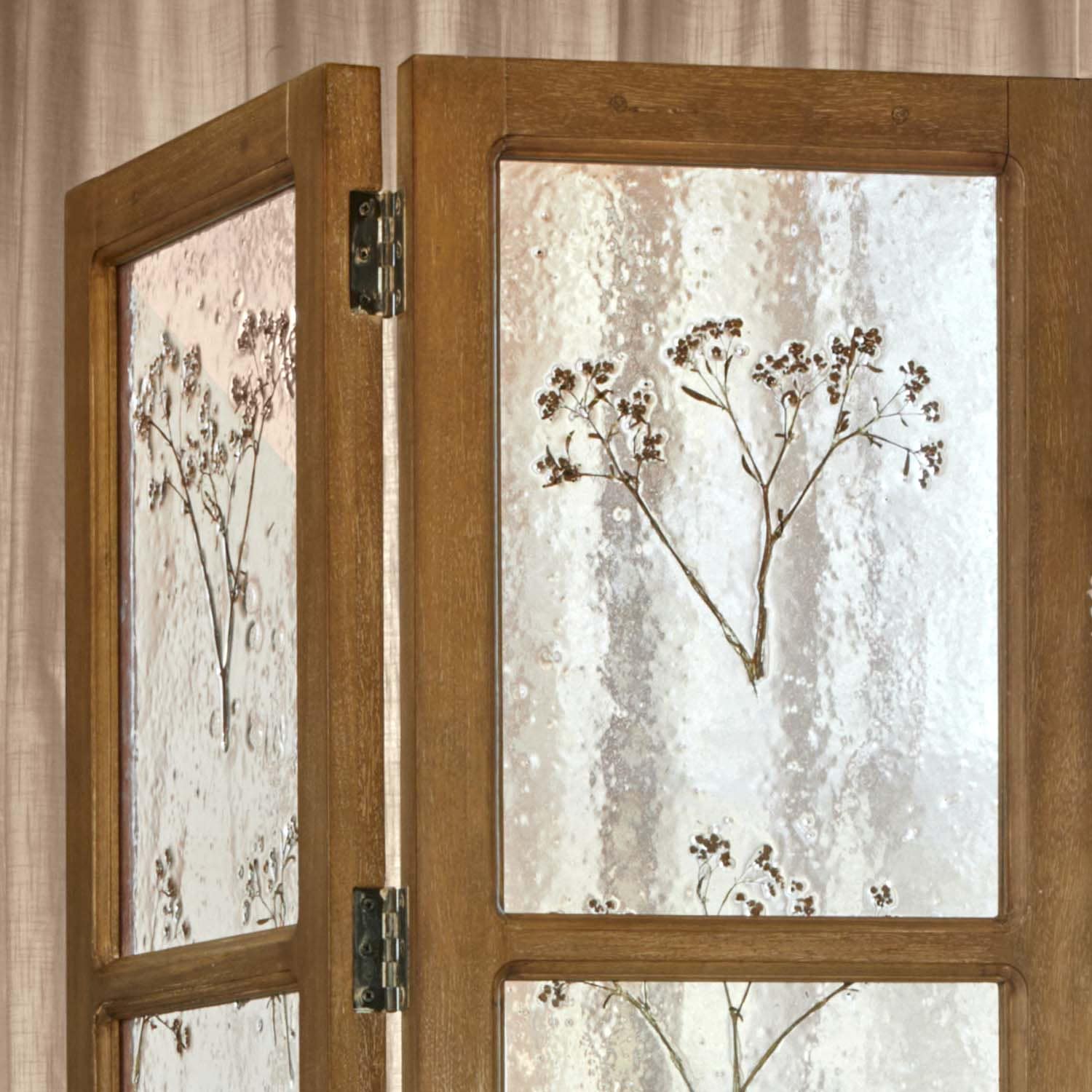 Paravent en bois avec verre dépoli orné de fleurs séchées, décoration intérieure naturelle