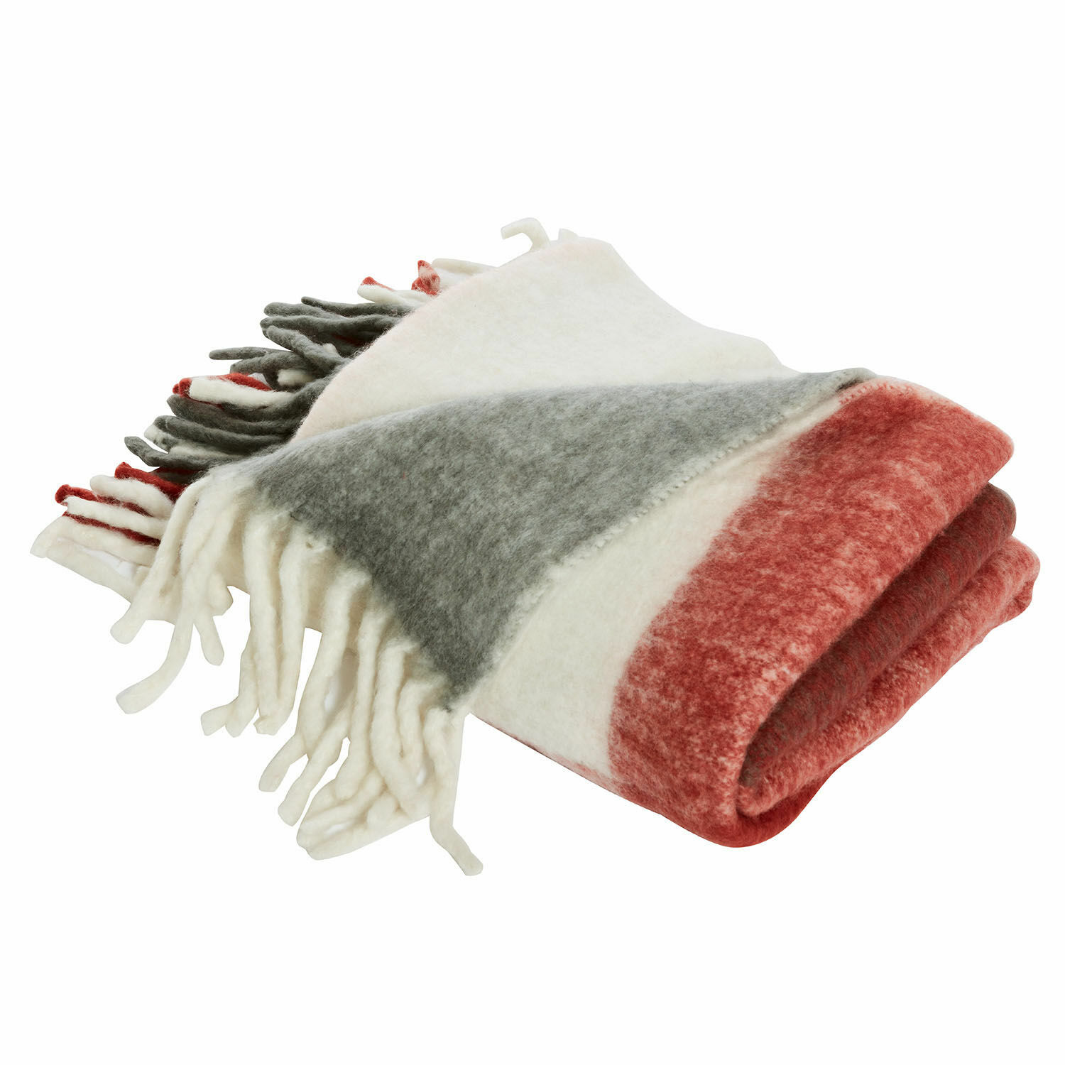 Plaid McGreg Plaid en laine doux blanc, gris et rouge avec franges, parfait pour la décoration intérieure