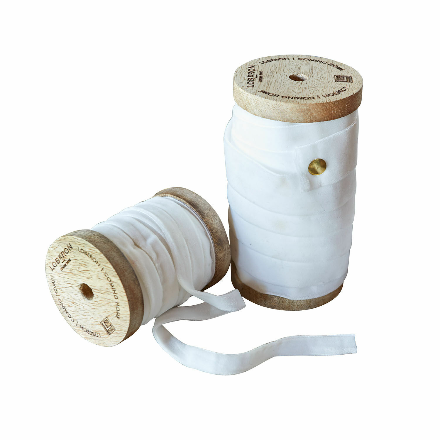 Lot de 2 bobines de ruban en velours Liandis Bobines en bois avec ruban en coton blanc pour couture et décoration artisanale