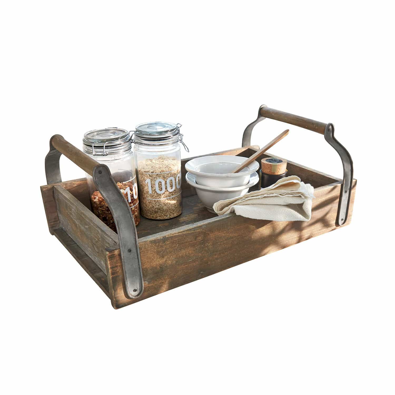 Dienblad Perryham Houten dienblad met metalen handvatten, witte kommen en potten met havermout, keuken decoratie