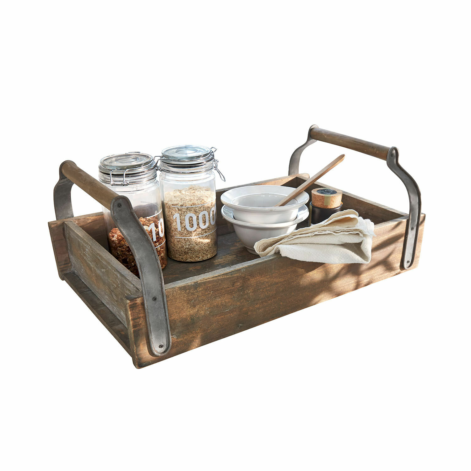 Dienblad Perryham Houten dienblad met metalen handvatten, witte kommen en potten met havermout, keuken decoratie