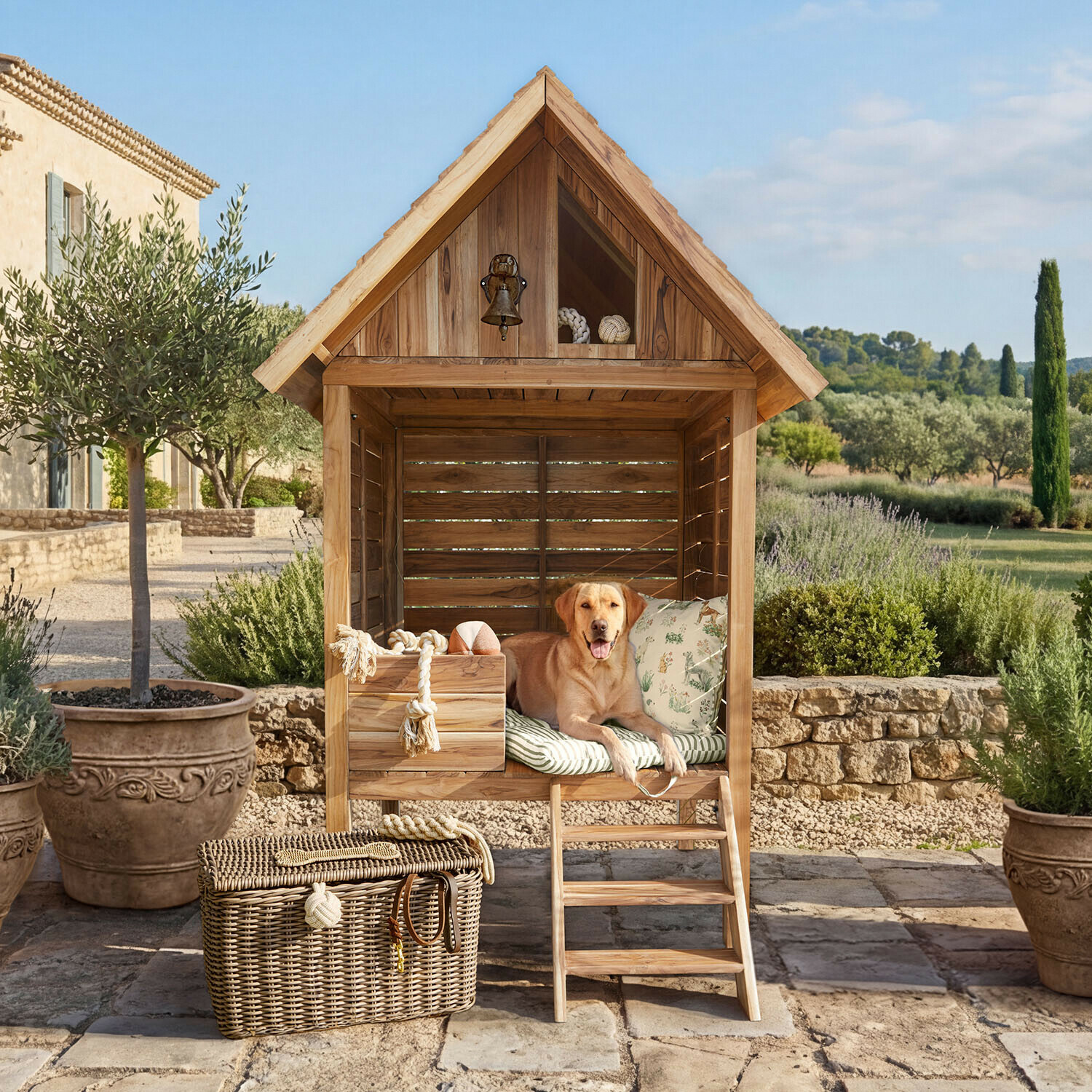 Maison en bois pour chien avec coussin et jouets, chien beige allongé sur terrasse en jardin