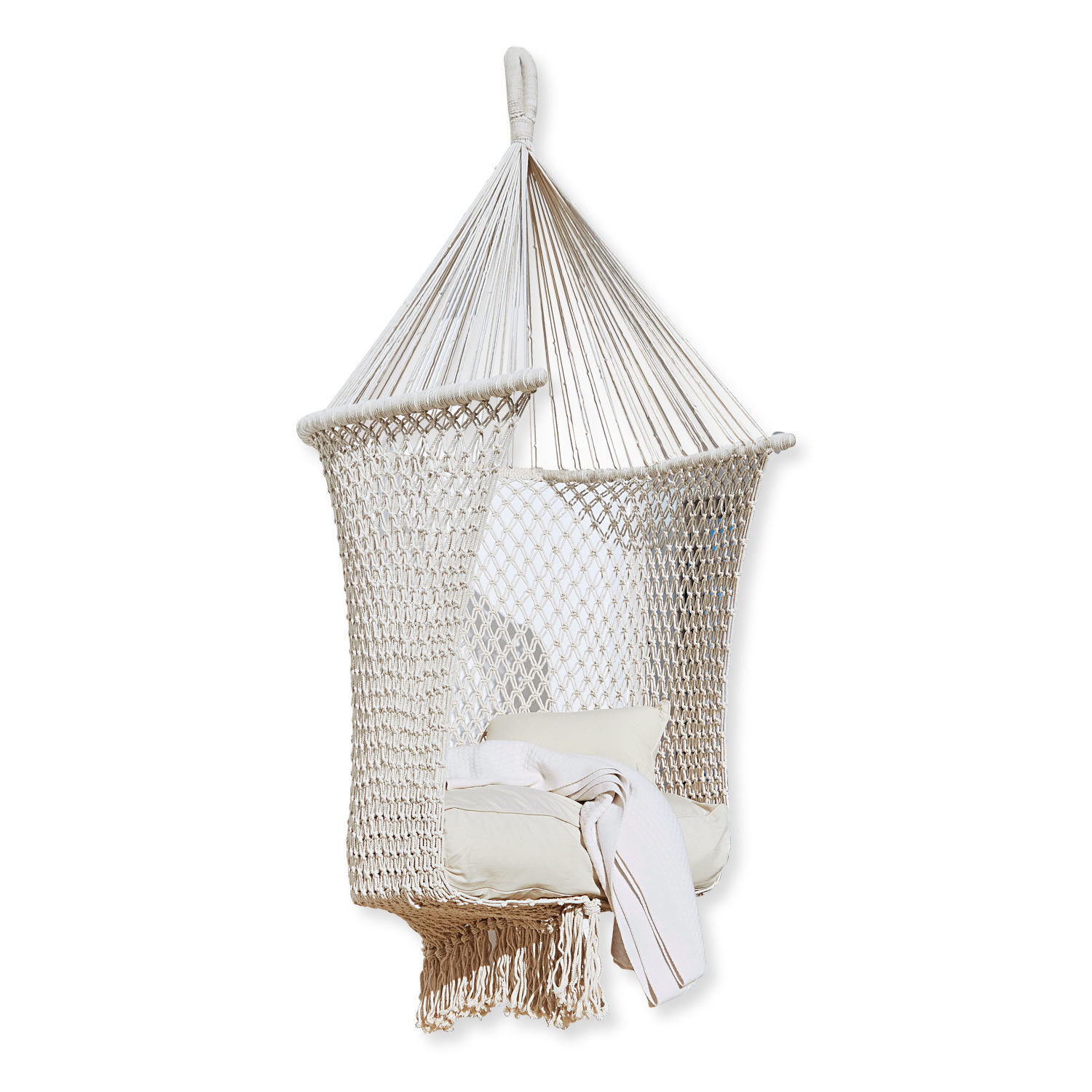 Hangstoel Raffaelle Beige hangstoel van katoenen net met kussen en deken, comfortabel voor binnen en buiten