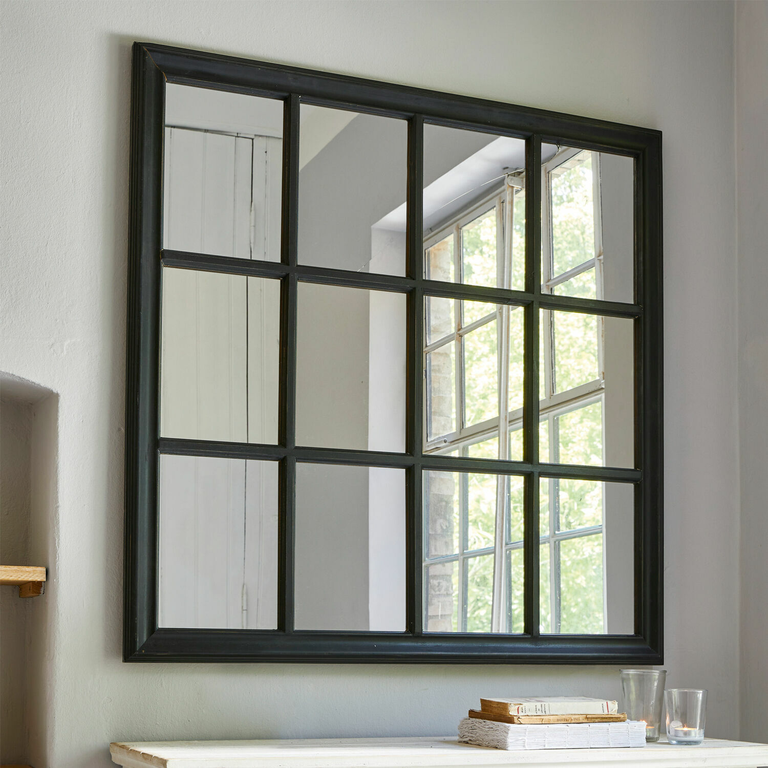 Miroir Wesley Miroir mural carré avec cadre noir divisé en 12 sections, décoration intérieure élégante