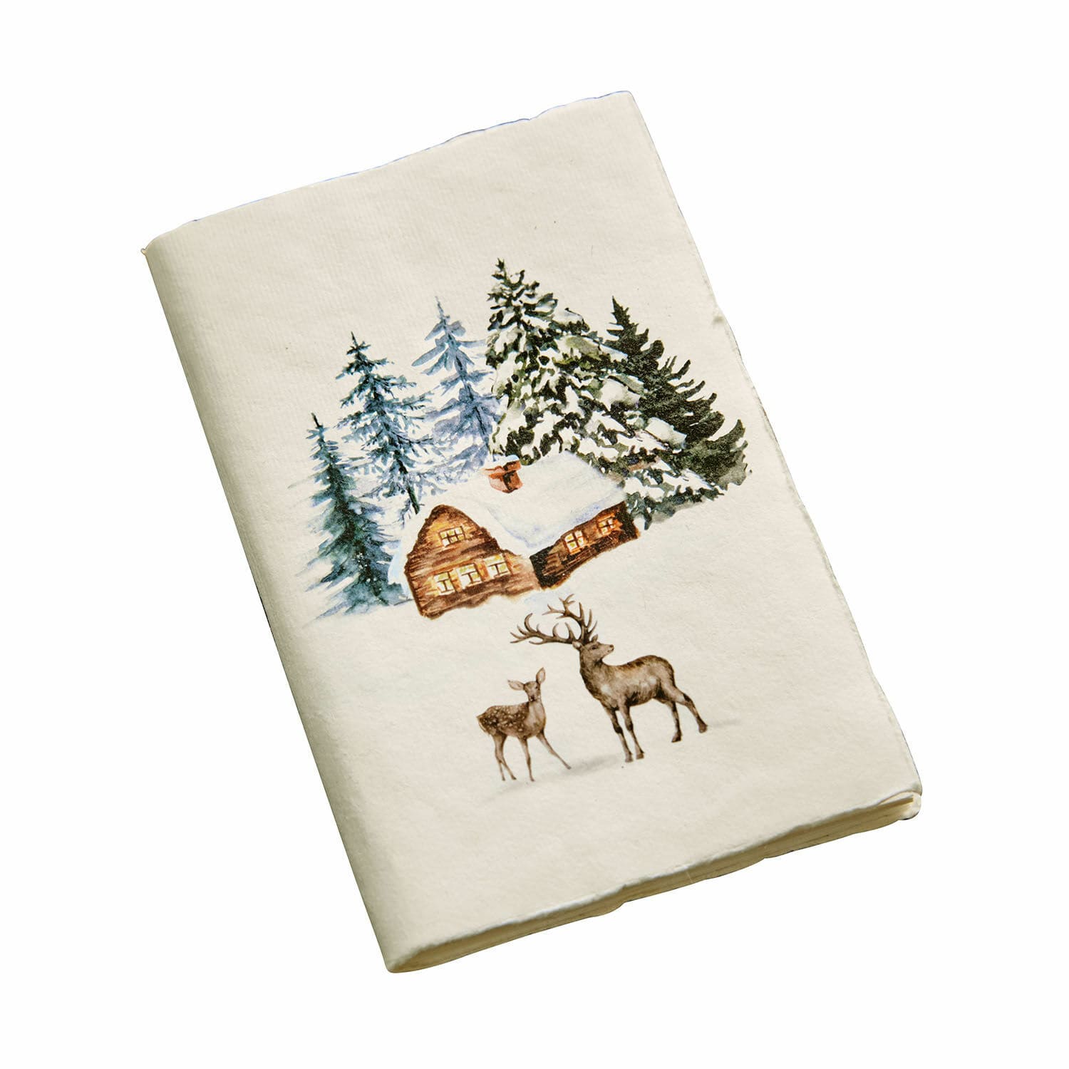 Notitieboekje Lorandis Witte katoenen theedoek met winters motief van chalet en herten, kerstdecoratie voor thuis