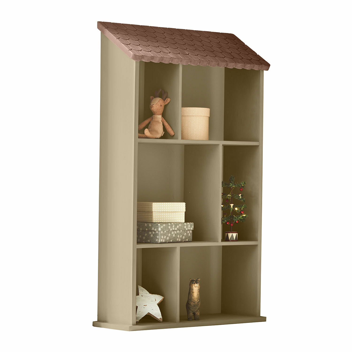Étagère murale Zerith Étagère en bois beige en forme de maison avec toit marron et décorations de Noël