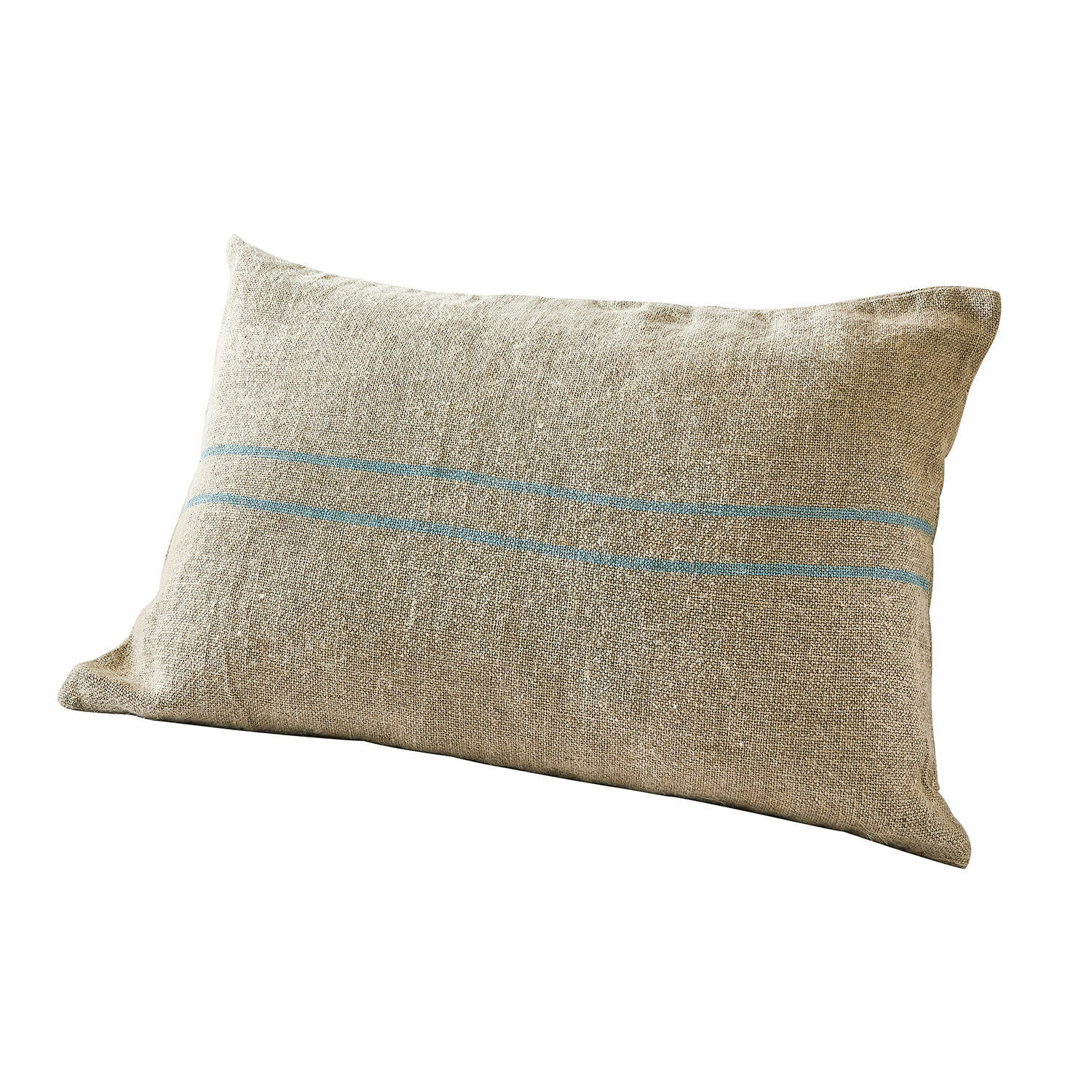 Coussin décoratif beige en lin avec rayures bleues pour salon et chambre