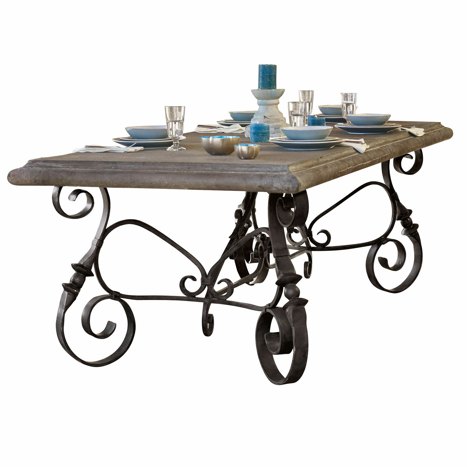 Tafel met stenen blad en decoratieve metalen poten in vintage stijl voor eetkamer
