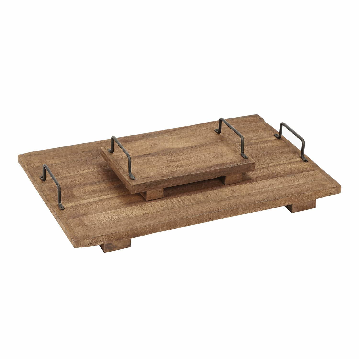Lot de 2 plateaux Conner Plateau en bois naturel avec poignées métalliques noires, idéal pour servir des boissons