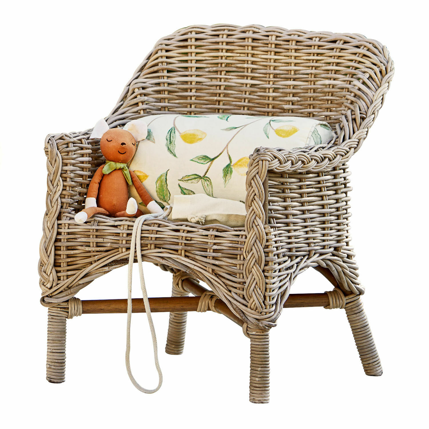 Fauteuil pour enfant Narivena Fauteuil en rotin naturel avec coussin à motif feuilles et peluche pour enfant