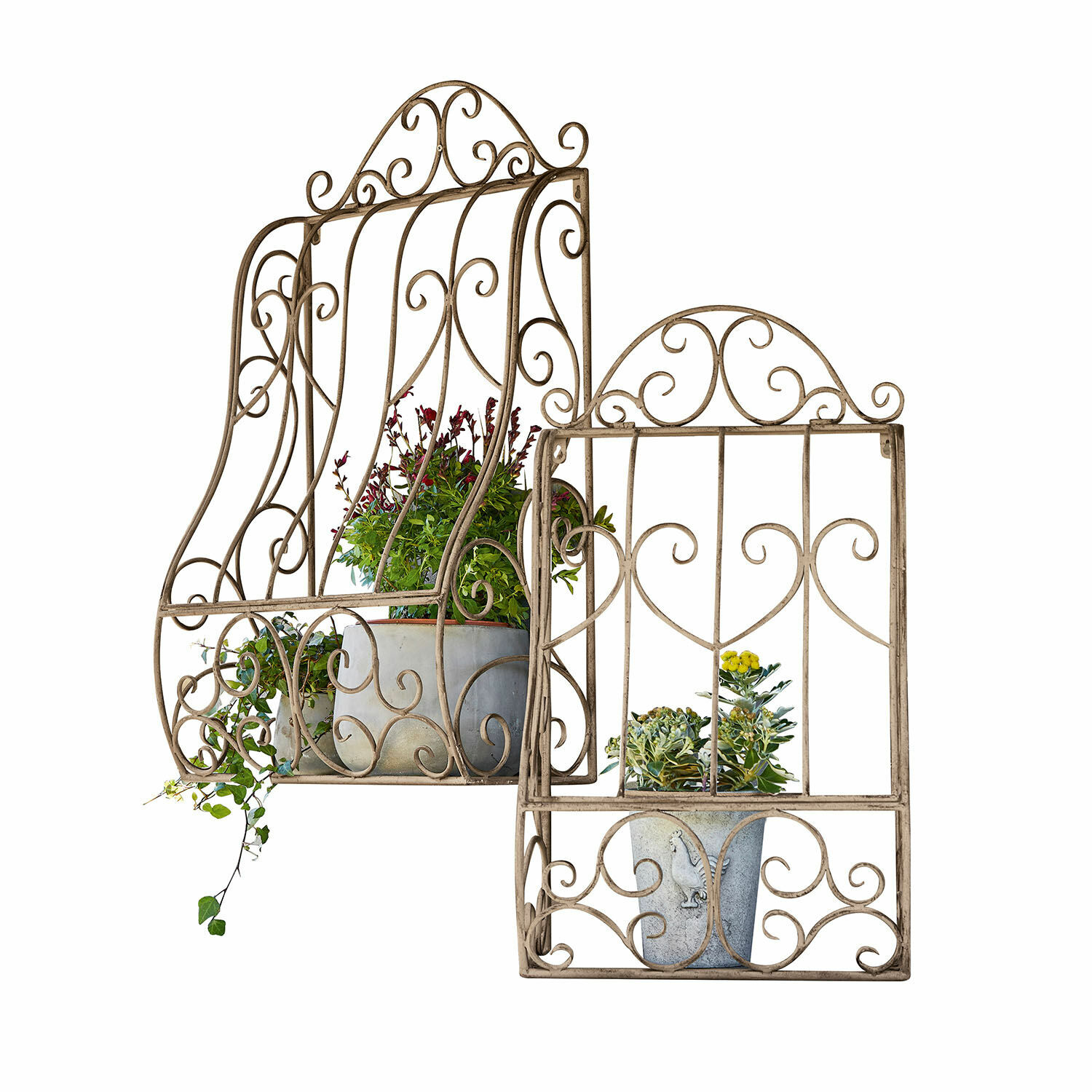 Lot de 2 étagères murales Alvra Grille décoratif en métal beige avec plantes, idéal pour jardin et décoration intérieure