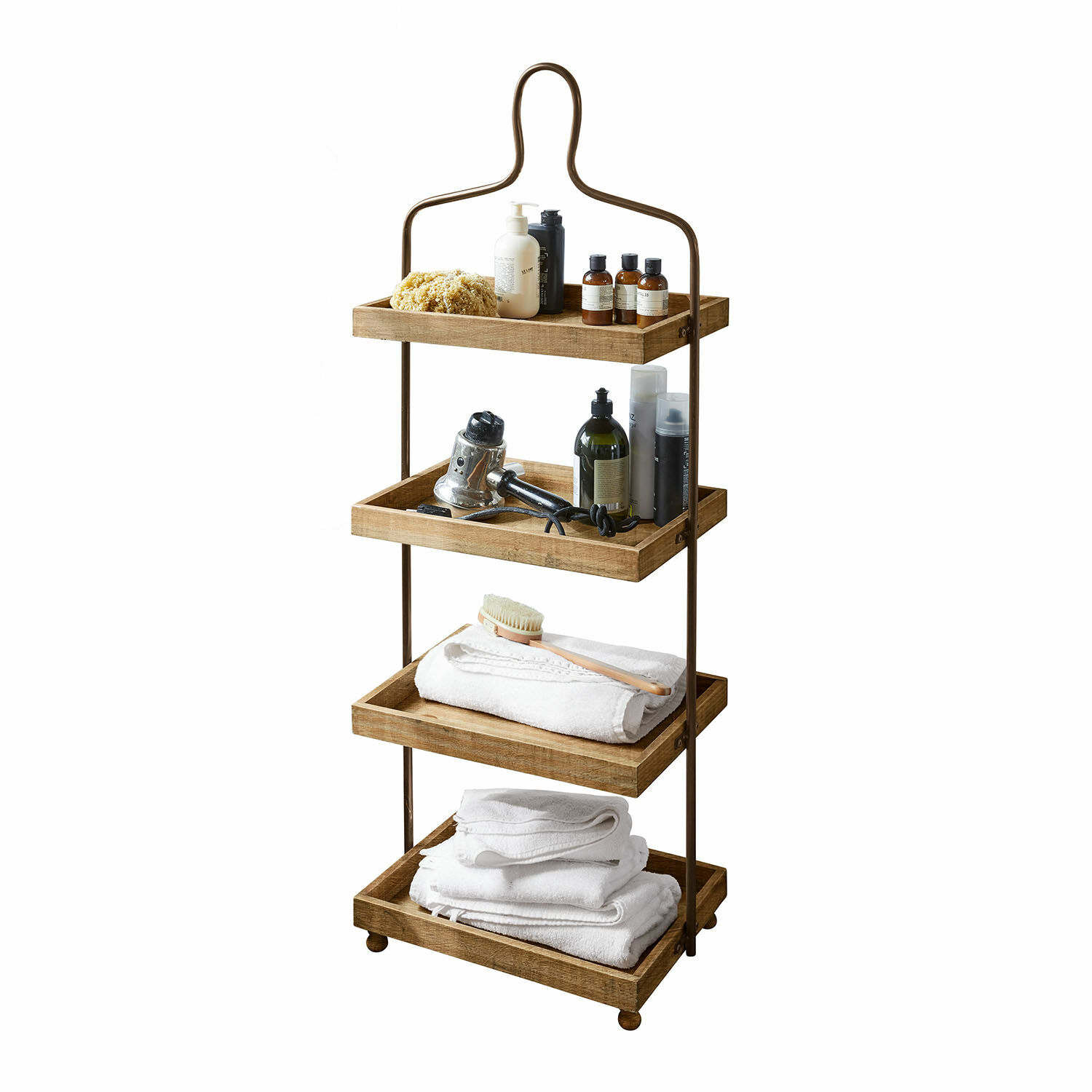 Étagère Lasse en bois et métal brun noir avec serviettes et produits de bain organisés