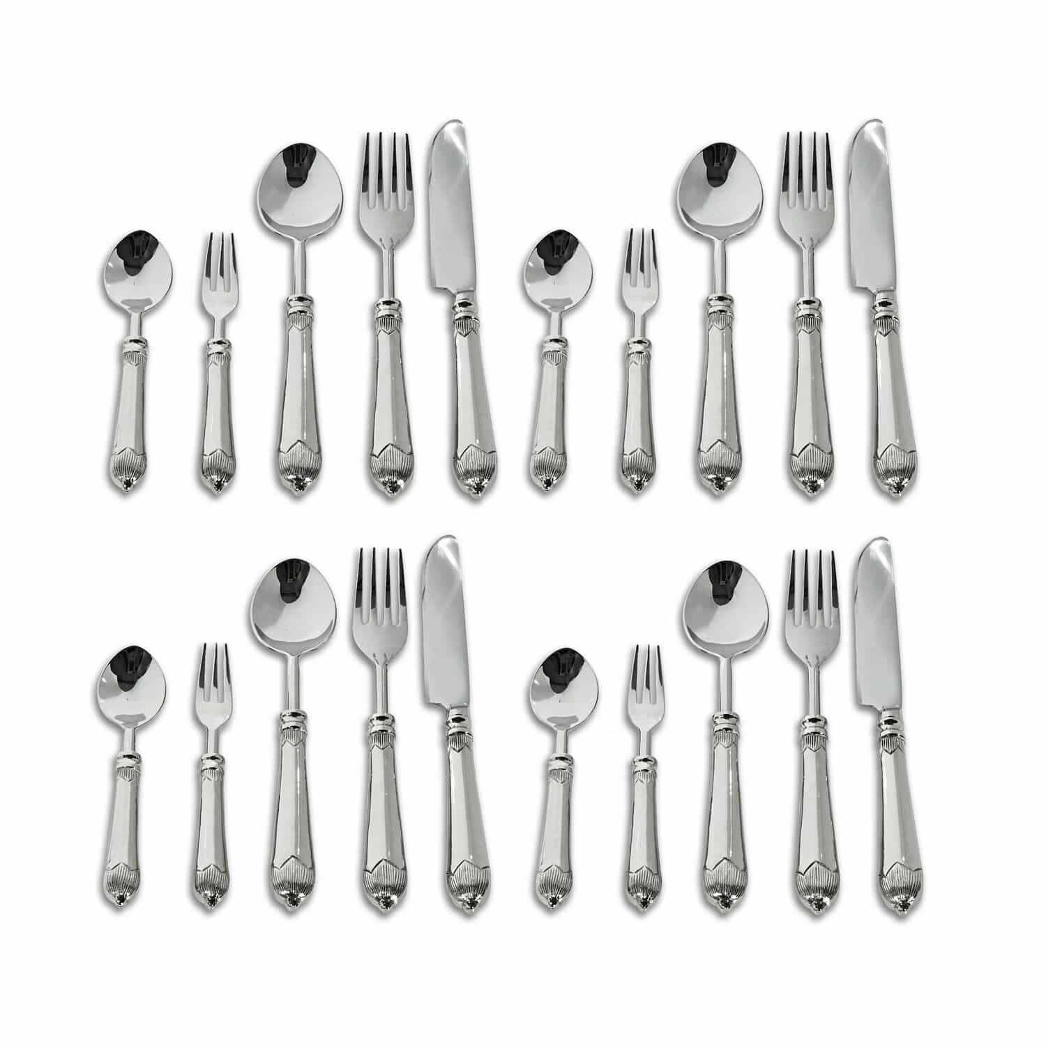 Bestek Gasharba Set zilverkleurig roestvrijstalen bestek met decoratieve handgrepen voor een elegante tafel.