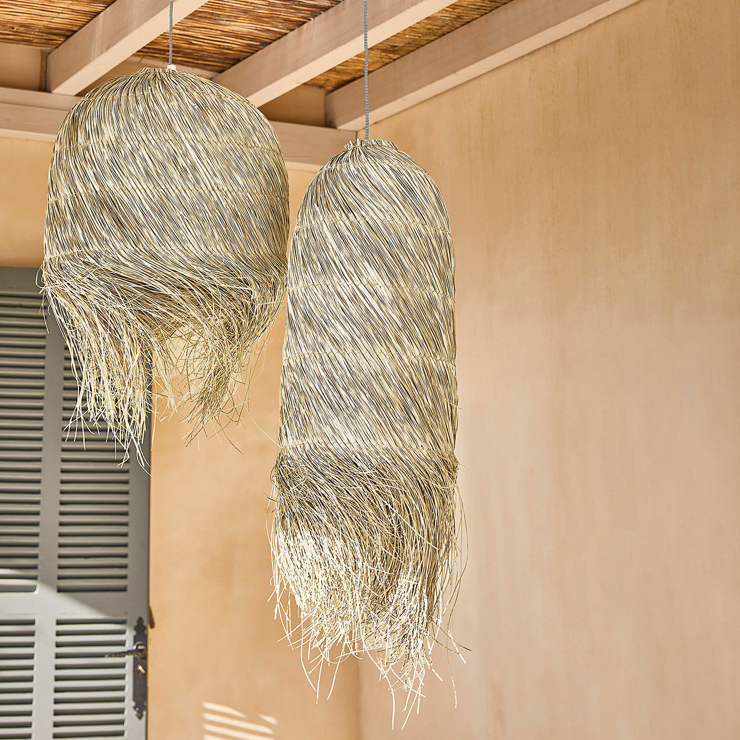 Lampenkap Shereena Twee hanglampen van natuurlijke rotan in beige, decoratieve binnenverlichting