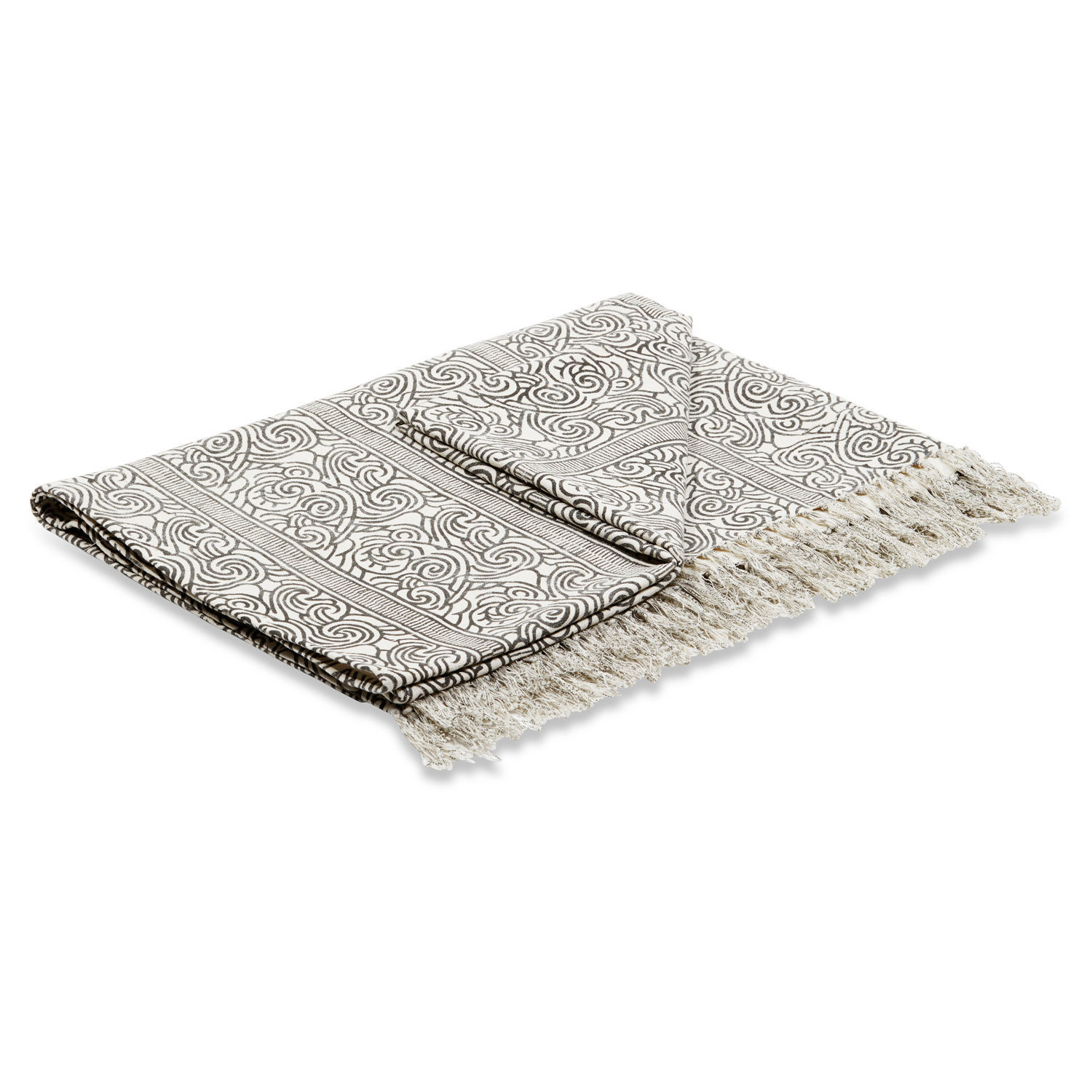 Plaid Ensis Witte katoenen deken met zwart patroon en franjes, decoratief textielaccessoire voor interieur
