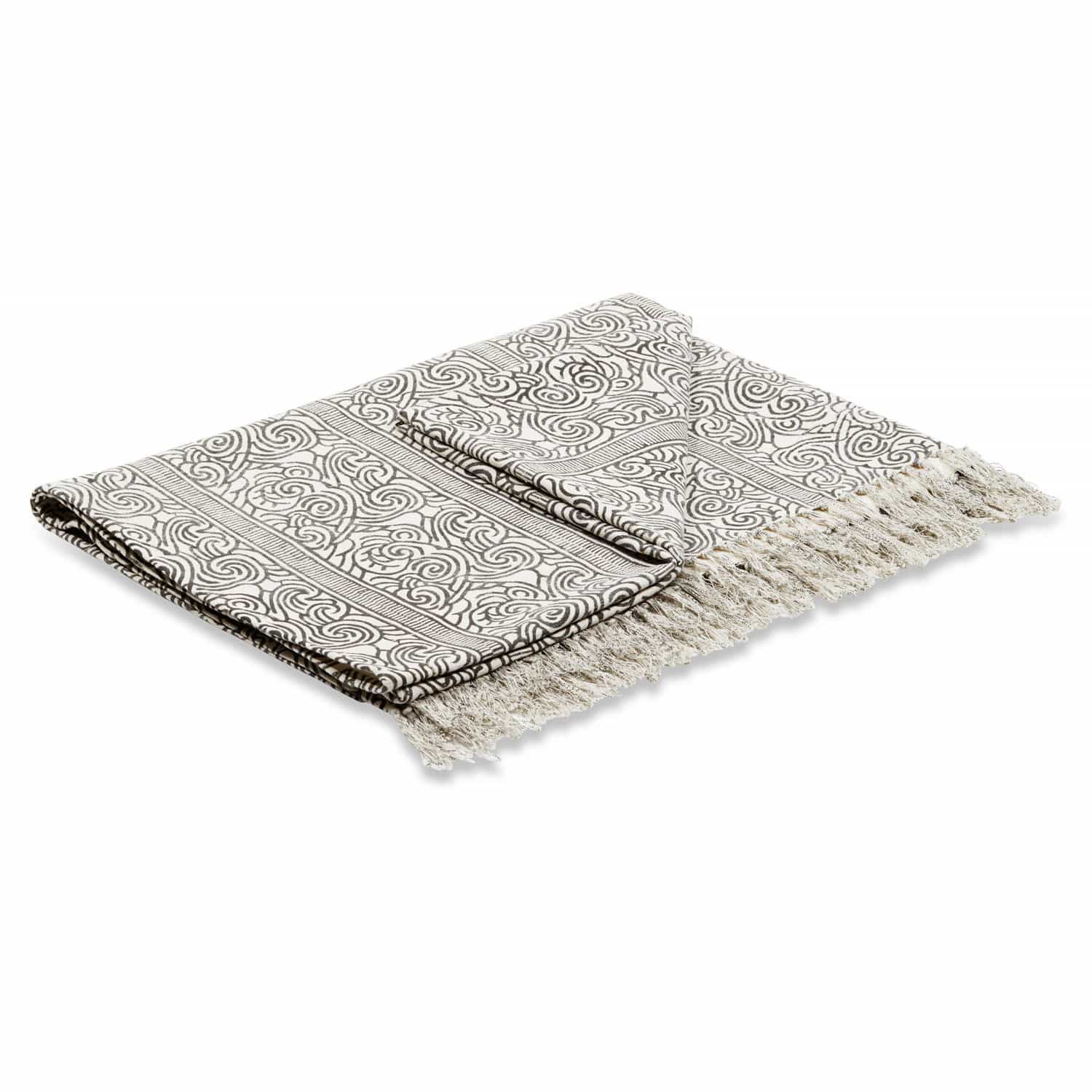 Plaid Ensis Plaid en coton blanc avec motif noir et franges, accessoire textile décoratif pour la maison